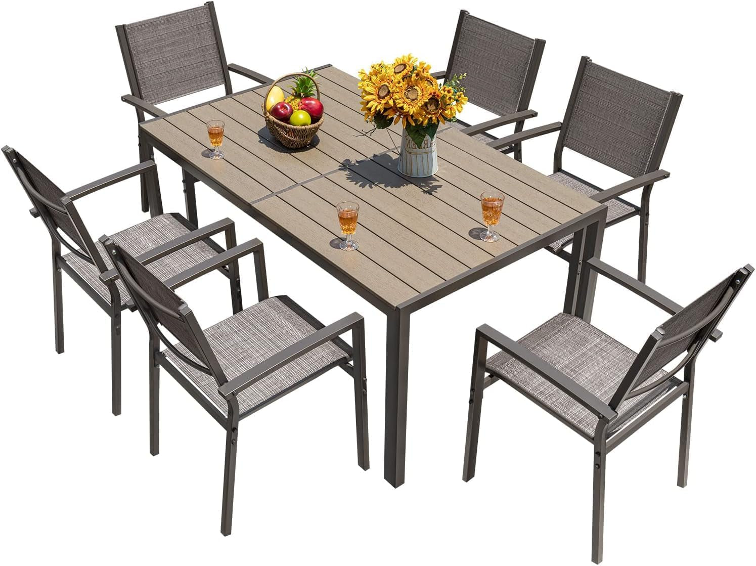 Patio Dining Set 7 Pieces Outdoor Furniture with Large Table and 6 Textilene Chairs for Porch, Poolside, Yard and Garden, Light Grey