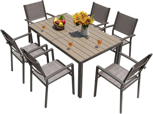Patio Dining Set 7 Pieces Outdoor Furniture with Large Table and 6 Textilene Chairs for Porch, Poolside, Yard and Garden, Light Grey