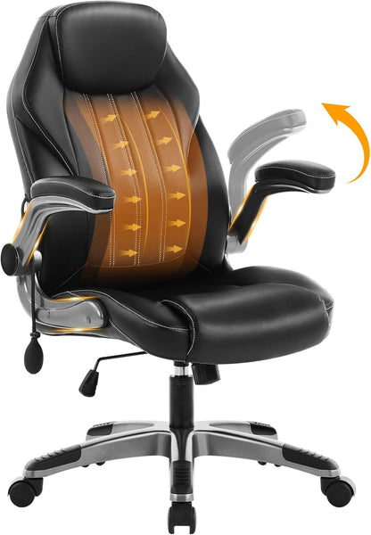 Office Desk , Ergonomic Computer  with Padded Flip-Up Arms and Adjustable Lumbar Support, PU Leather Executive  with Tilt Lock and 360° Swivel Rolling Wheels for Work, Study
