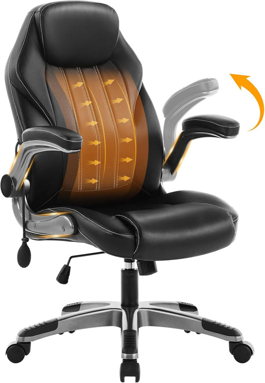 Office Desk , Ergonomic Computer  with Padded Flip-Up Arms and Adjustable Lumbar Support, PU Leather Executive  with Tilt Lock and 360° Swivel Rolling Wheels for Work, Study