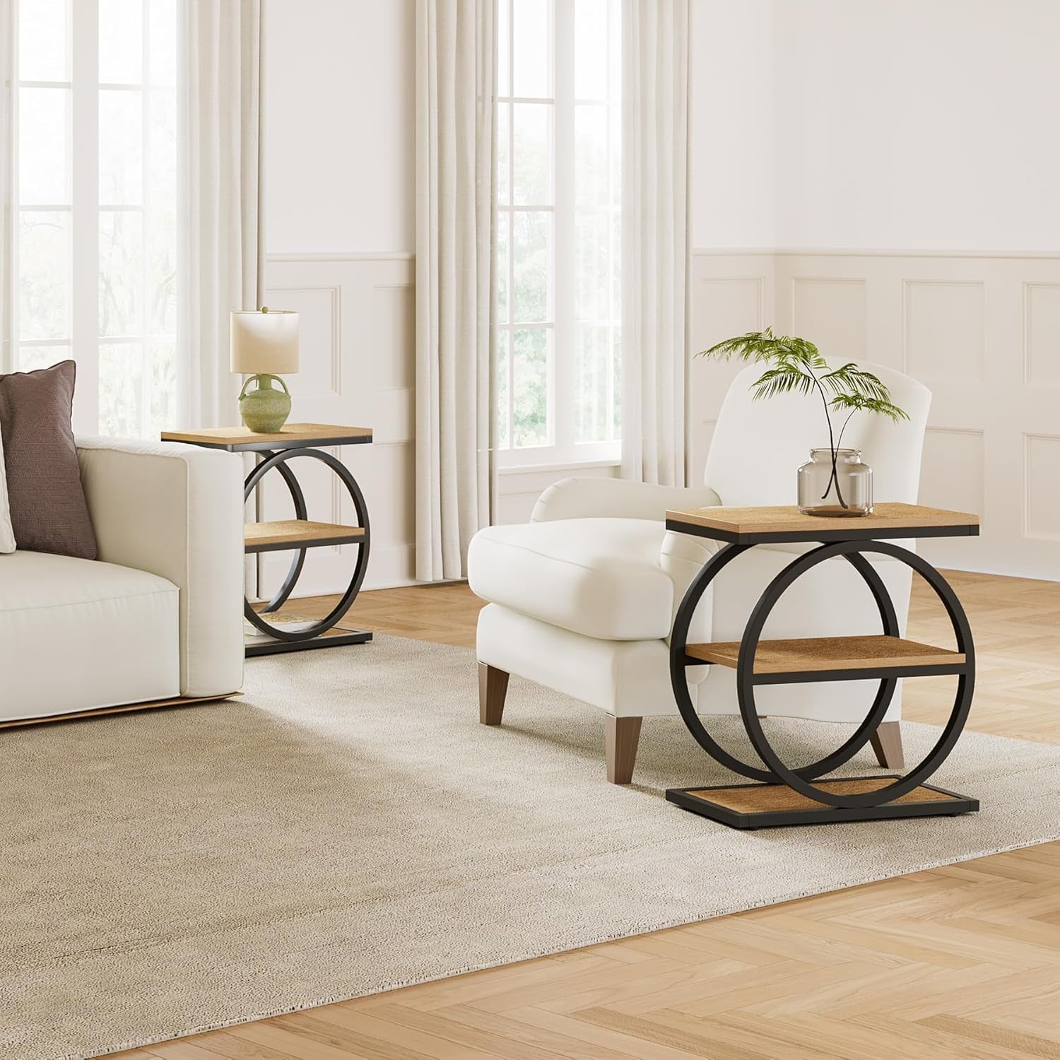 3-Tier End Table, Side Table with Storage Shelves, Small Sofa Side Table for Living Room, Wooden Side End Table with Double round Metal Legs, Slim Nightstand and Bedside Table, Oak