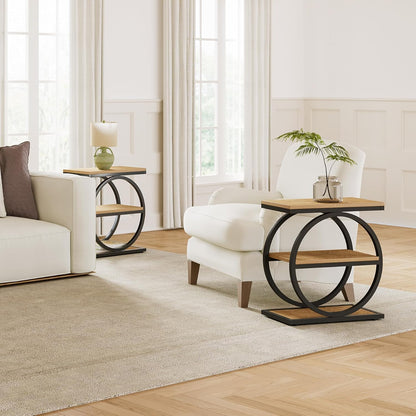 3-Tier End Table, Side Table with Storage Shelves, Small Sofa Side Table for Living Room, Wooden Side End Table with Double round Metal Legs, Slim Nightstand and Bedside Table, Oak