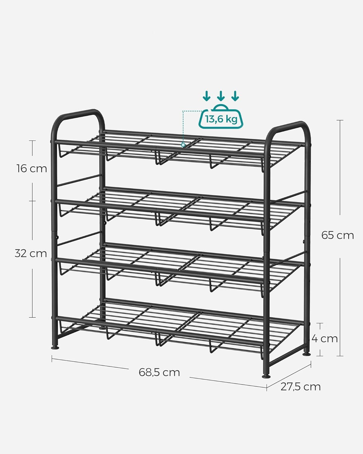 4 Tier Shoe Rack, Stackable Storage Rack, up to 16 Pairs, Metal, 68.5 X 27.5 X 65 Cm, for High Heels, Sneakers, Slippers, in Entrance, Black LMR067B01