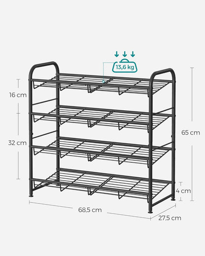 4 Tier Shoe Rack, Stackable Storage Rack, up to 16 Pairs, Metal, 68.5 X 27.5 X 65 Cm, for High Heels, Sneakers, Slippers, in Entrance, Black LMR067B01