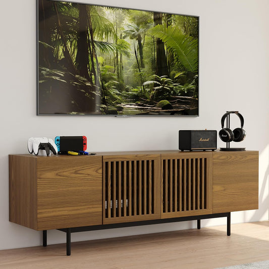 Full Assembled Mid-Century Modern TV Stand with Slatted Doors, Wood Media Console for 65 Inch TV, TV Console with Tall-Cast Metal Legs, Entertainment Center with Storage for Living Room