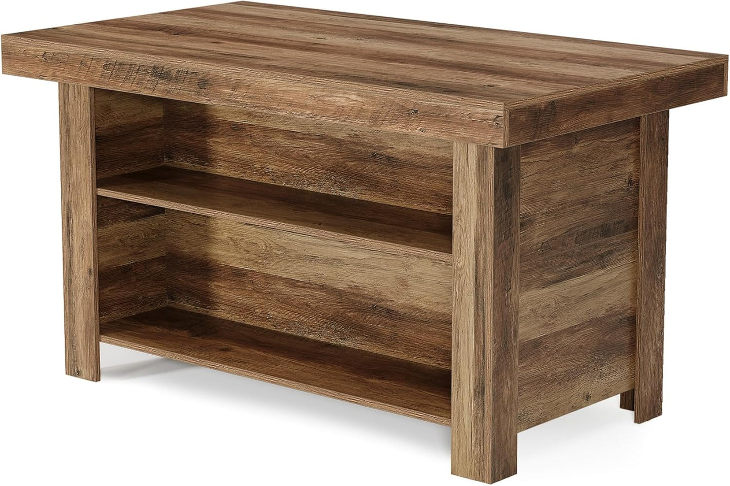 55 Inches Kitchen Island with Storage, 3-Tier Farmhouse Wooden Stationary Island Table with Large Worktop & Leg Room, Modern Coffee Bar Table with Storage Shelf for Kitchen, Rustic Brown
