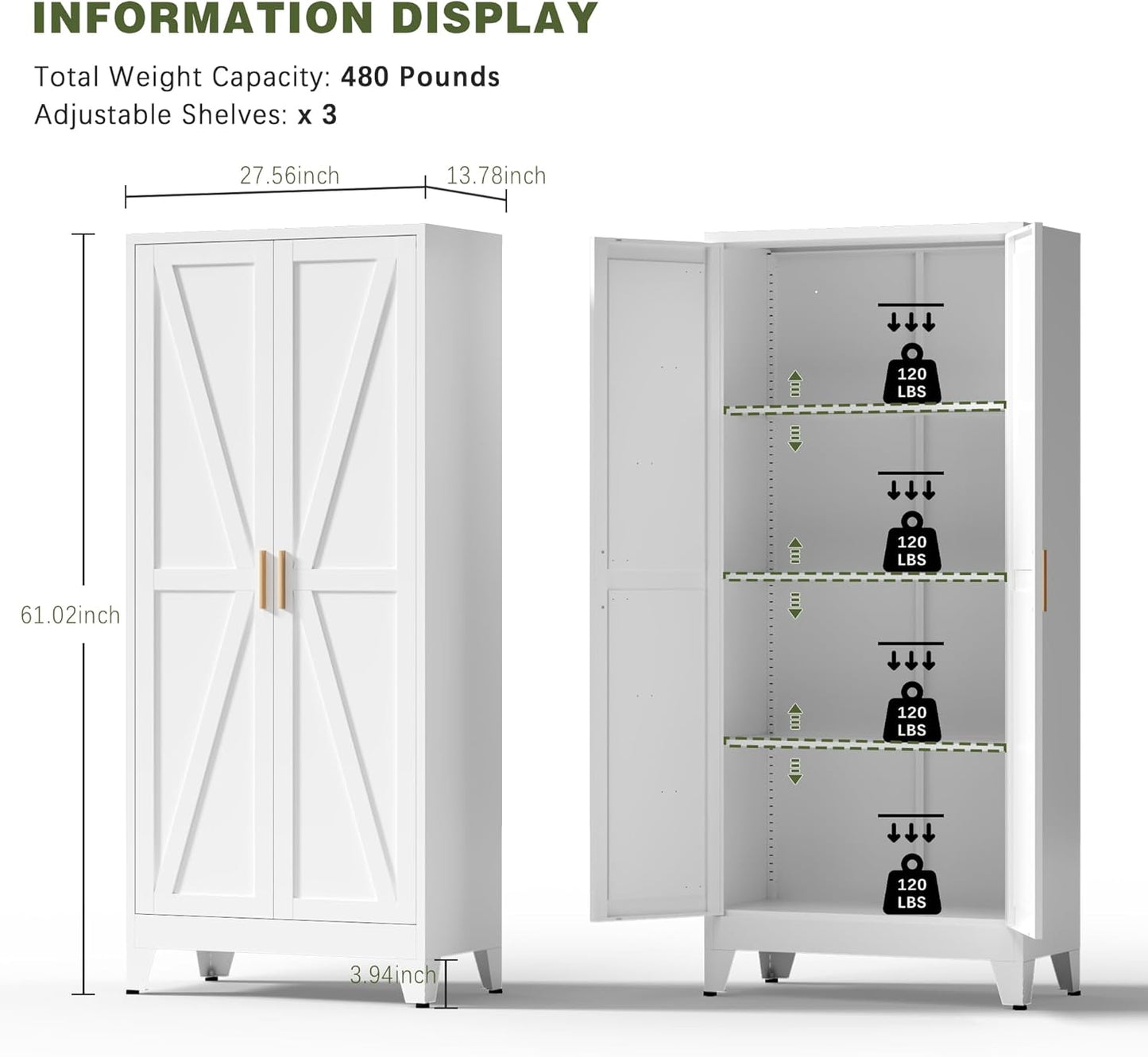 White Farmhouse Storage Kitchen Pantry Cabinet with 2 Barn Door, 3 Adjustable Shelves and Legs, for Cupboard/Dining Room/Bathroom/Living Room/Office/Laundry Room (White, 61" Farmhouse)