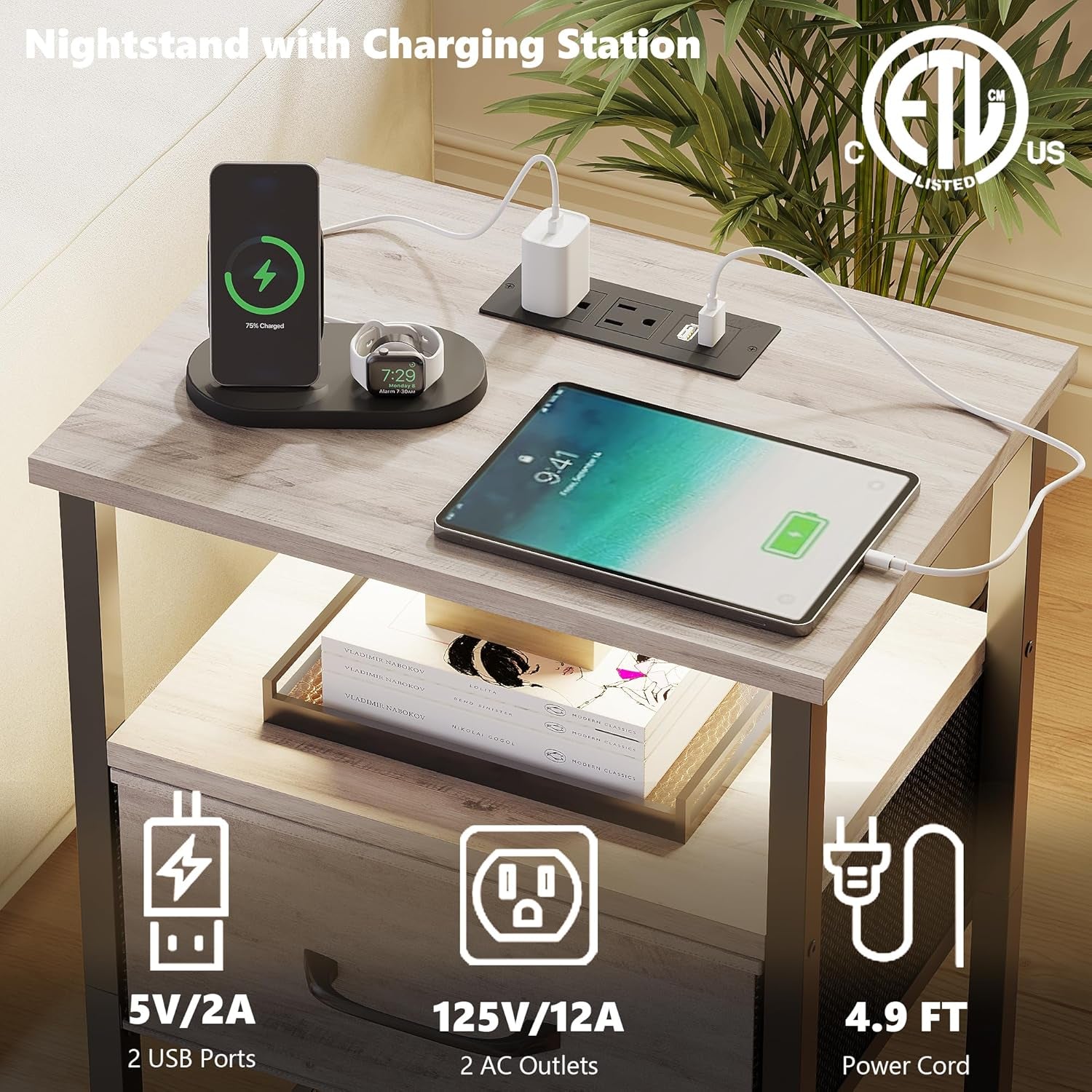Night Stand Set 2, End Table with Charging Station, LED Bedside Table with Fabric Drawer for Bedroom, 3-Tier Side Table with Open Shelf, Greige