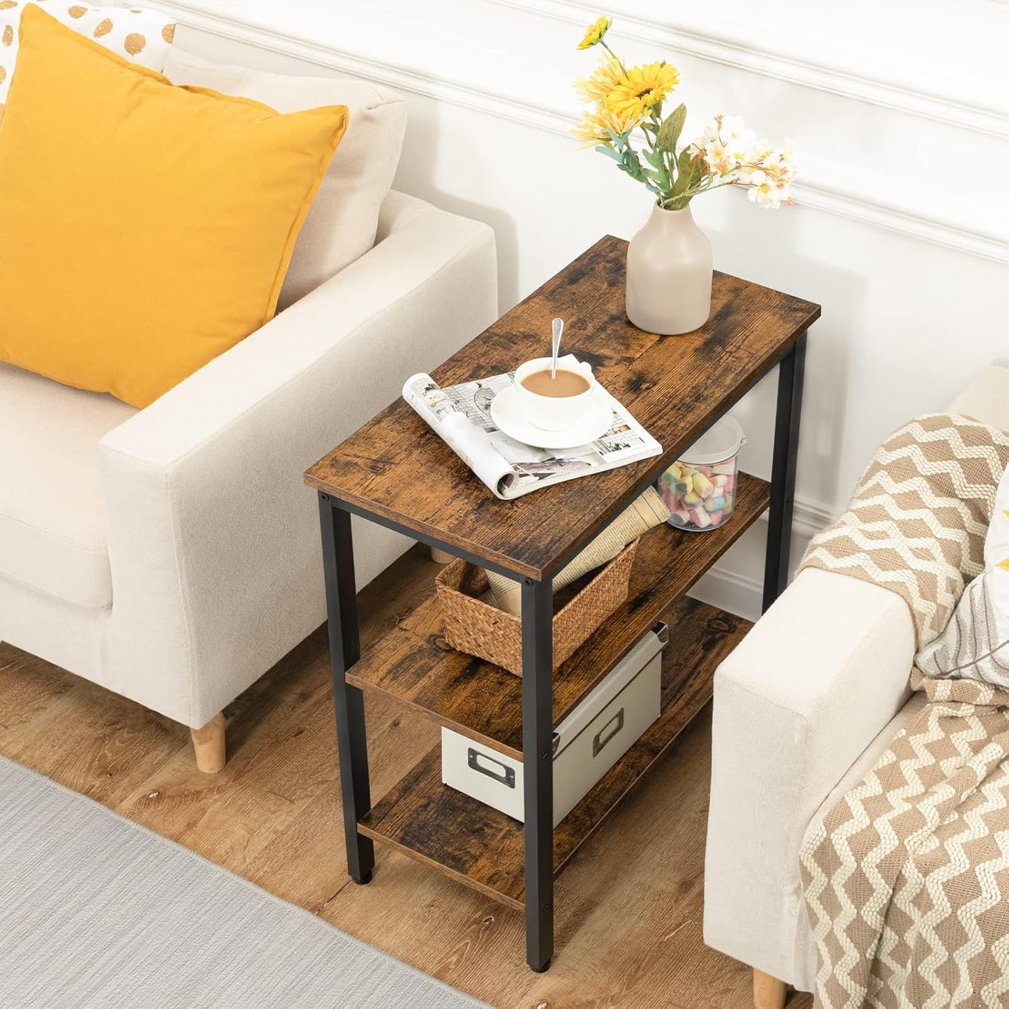 End Table, Simple Rustic Side Table with 3-Tier Storage Shelf, Narrow Nightstand for Small Spaces, for Living Room, Bedroom,Easy Assembly, Industrial Design, Rustic Brown and Black BF14BZ01