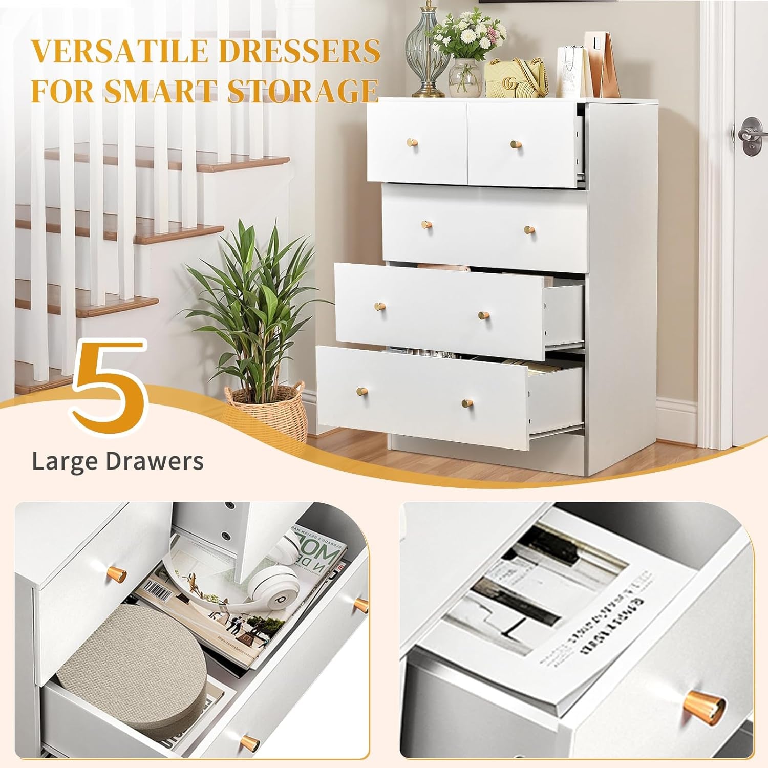 White 5 Drawer Dresser for Bedroom, Tall Dresser Chest of Drawers, Rustic Wood Bedroom Dressers Clothes Organizer, Anti-Tipping Device, Rose Gold Metal Handle, Living Room, Entryway, Office