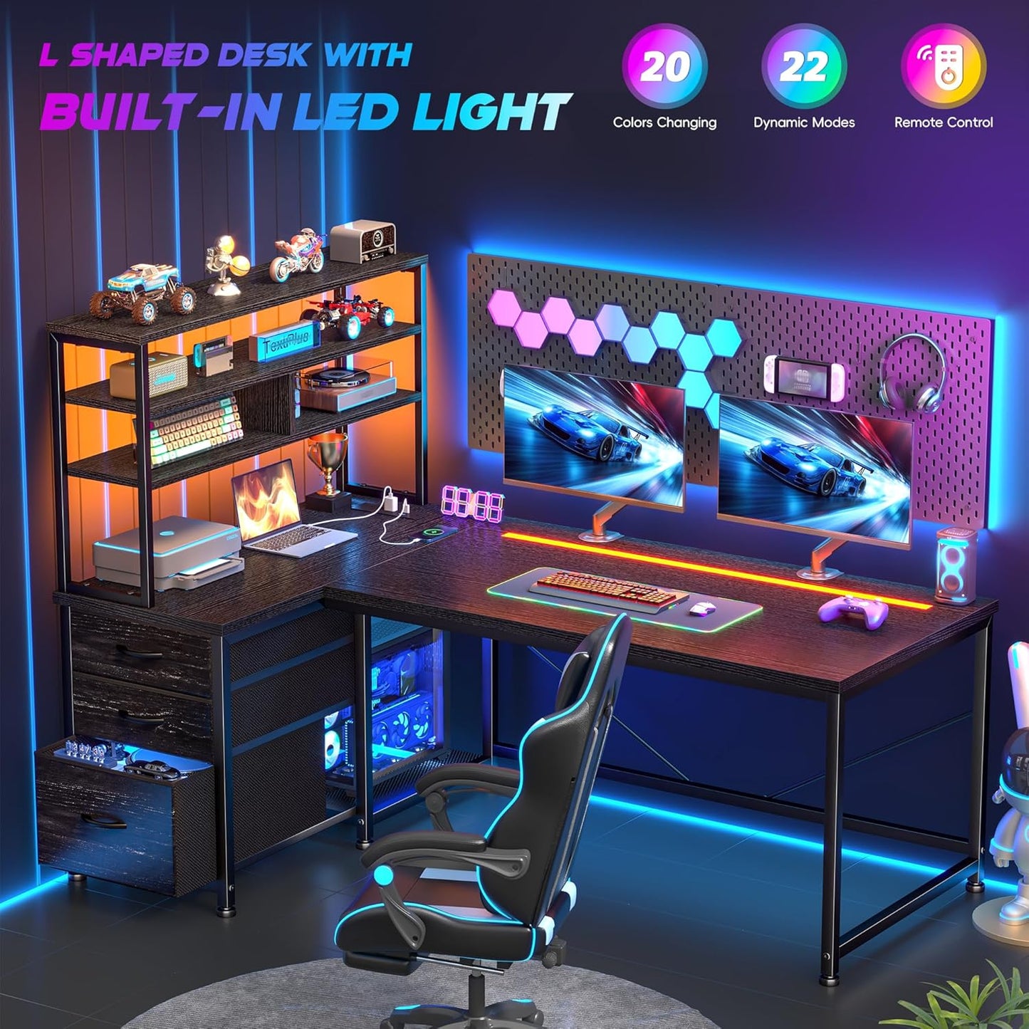 55''Gaming Desk L Shaped Desk with 3 Fabric Drawers & Shelf, Reversible Computer Desk with Remote LED Lights, Power Outlet of Home Office Desk for Bedroom,Dorm,Black