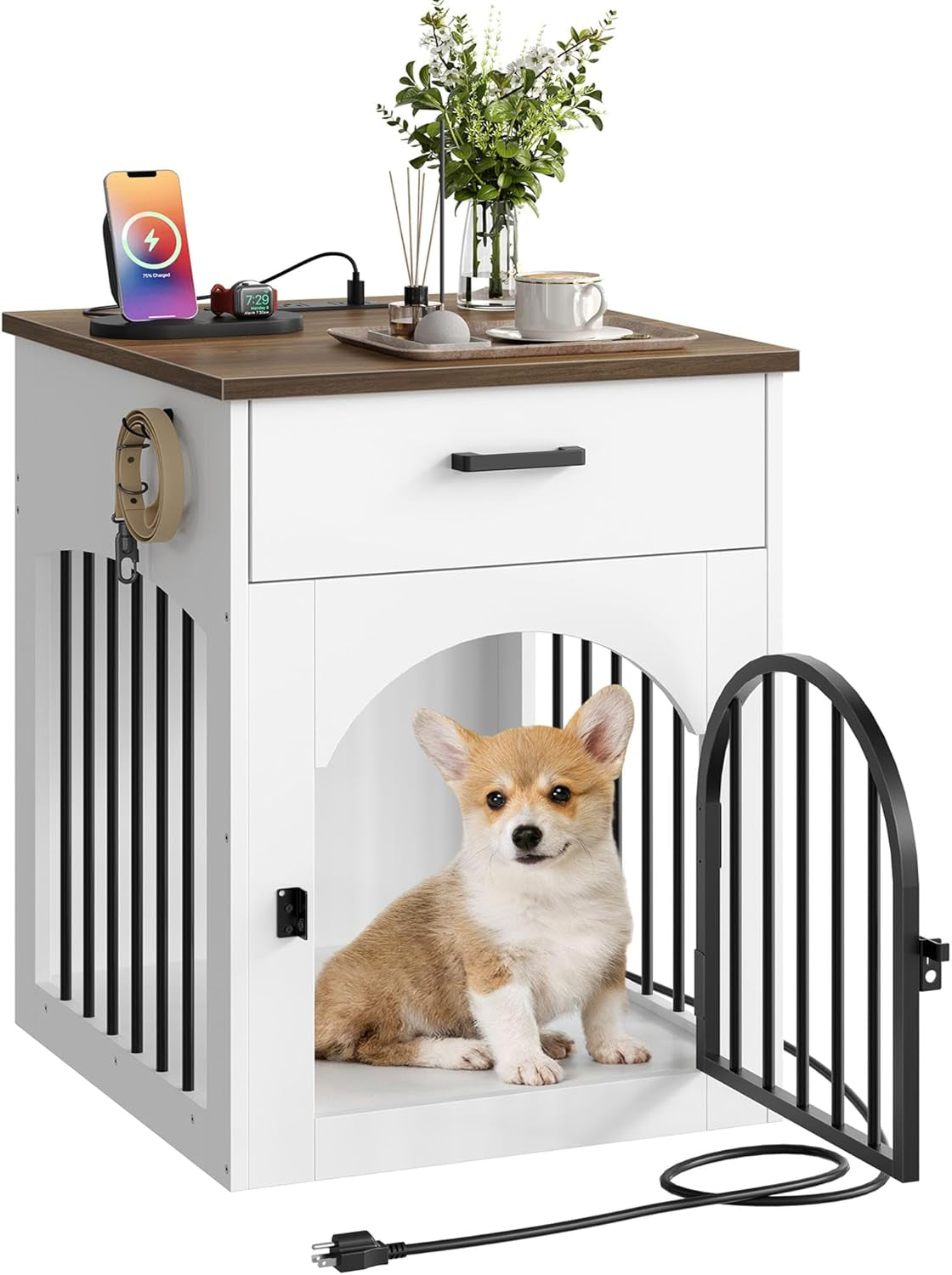 Dog Crate Furniture, Wooden Dog House with Charging Station and Storage Drawer, Indoor Pet Crate End Table for Small Breeds, for Living Room, Bedroom, Rustic Brown MGW01UFG