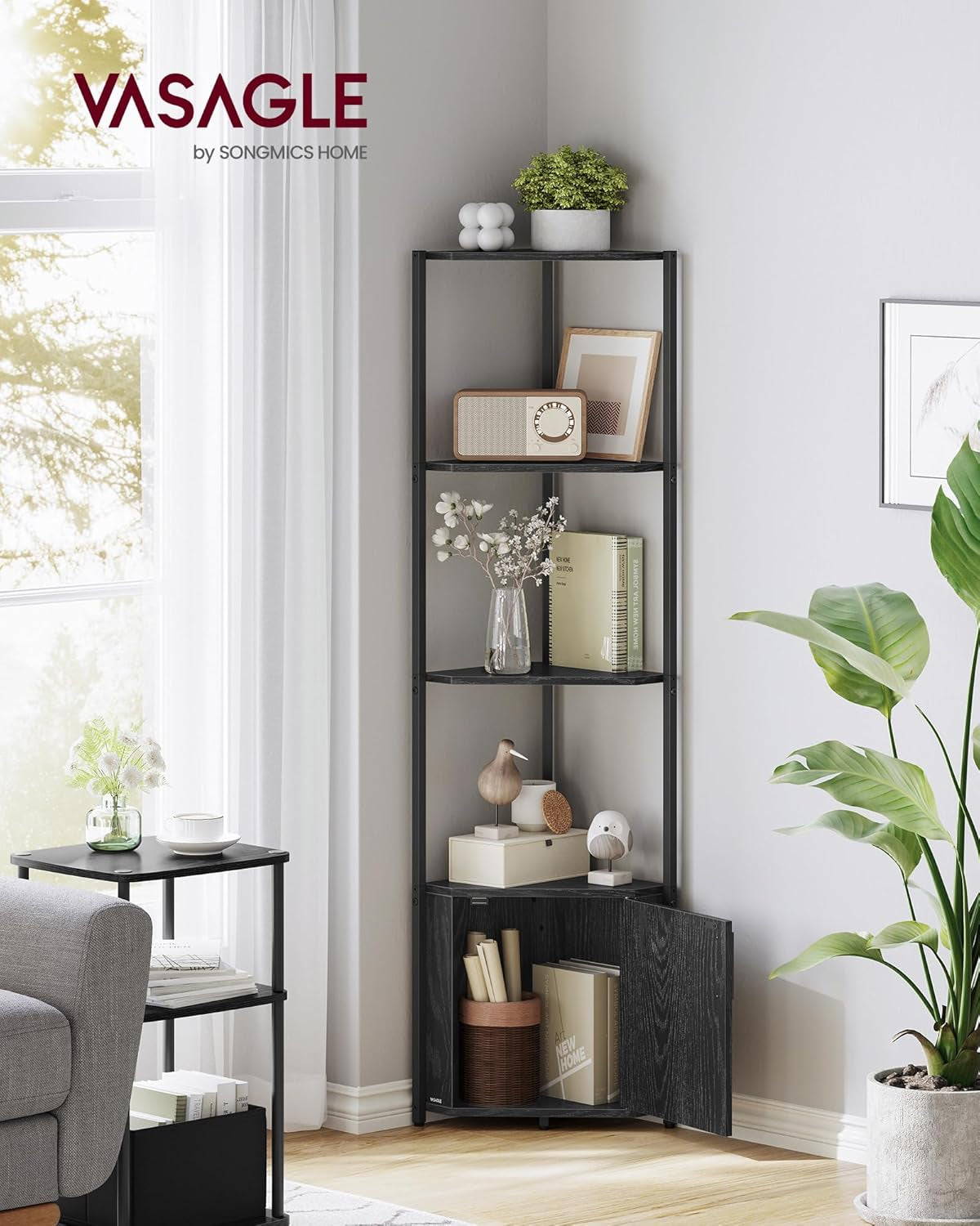 Corner Shelf with Storage, 5-Tier Corner Storage Cabinet, for Living Room, Bedroom, Kitchen, Bathroom, Ebony Black and Ink Black ULBC580B01