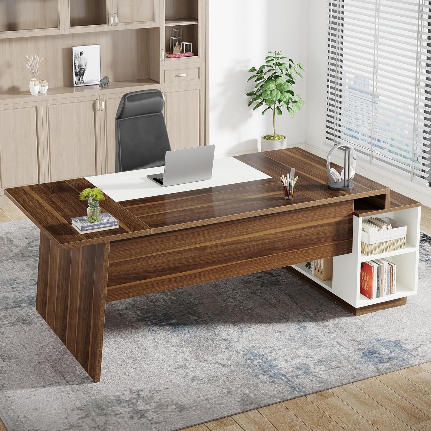 L-Shaped Executive Office Desk, 70.5-Inch Mid-Century Modern Executive Desk with Storage Cabinet and Shelves, Large Computer Desk for Home Office, Brown + White