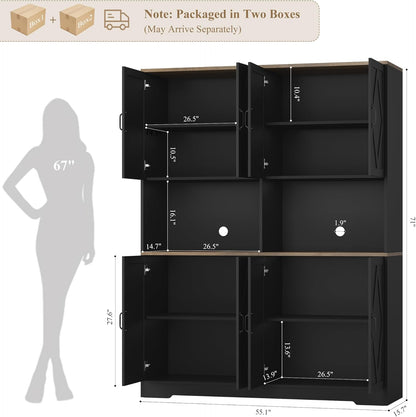 71" Tall Pantry Cabinet, 55" Wide Kitchen Pantry Storage Cabinet, Large Kitchen Hutch with 2 Microwave Stands, Farmhouse Coffee Bar Station with Doors and Shelves for Dining Room, Black