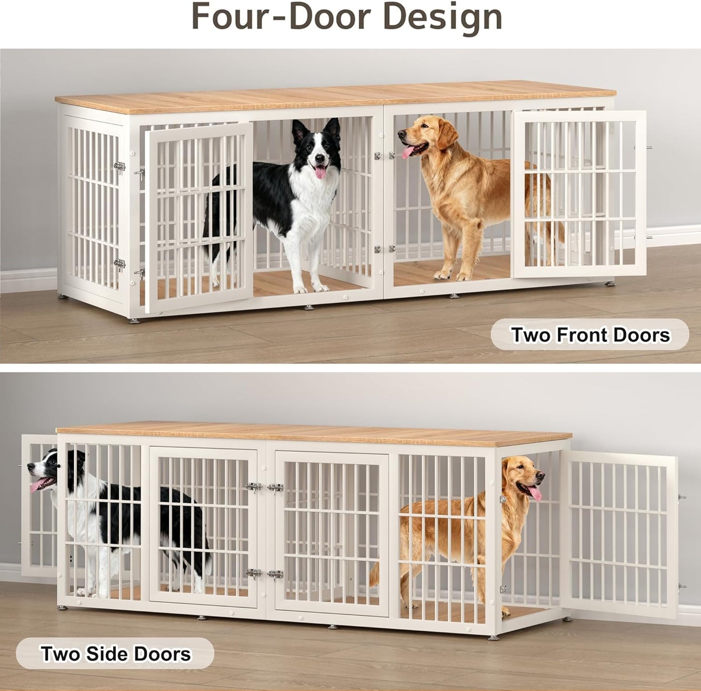78 Inch Double Dog Crate Furniture, Heavy Duty Extra Large Cage Furniture with Divider for 2 Dogs, Decorative Wooden Kennel Furniture Indoor, Metal Pet House for Large and Medium Dogs