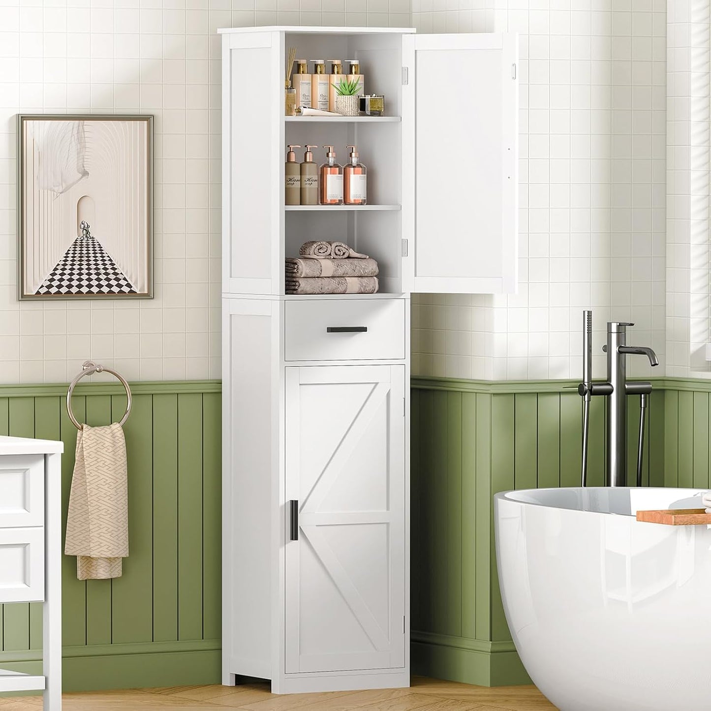 Tall Bathroom Cabinet, Storage Cabinet with 6 Shelves & Drawer, Bathroom Storage Cabinet with Adjustable Shelves, Tall Cabinet for Living Room, Home Office, White