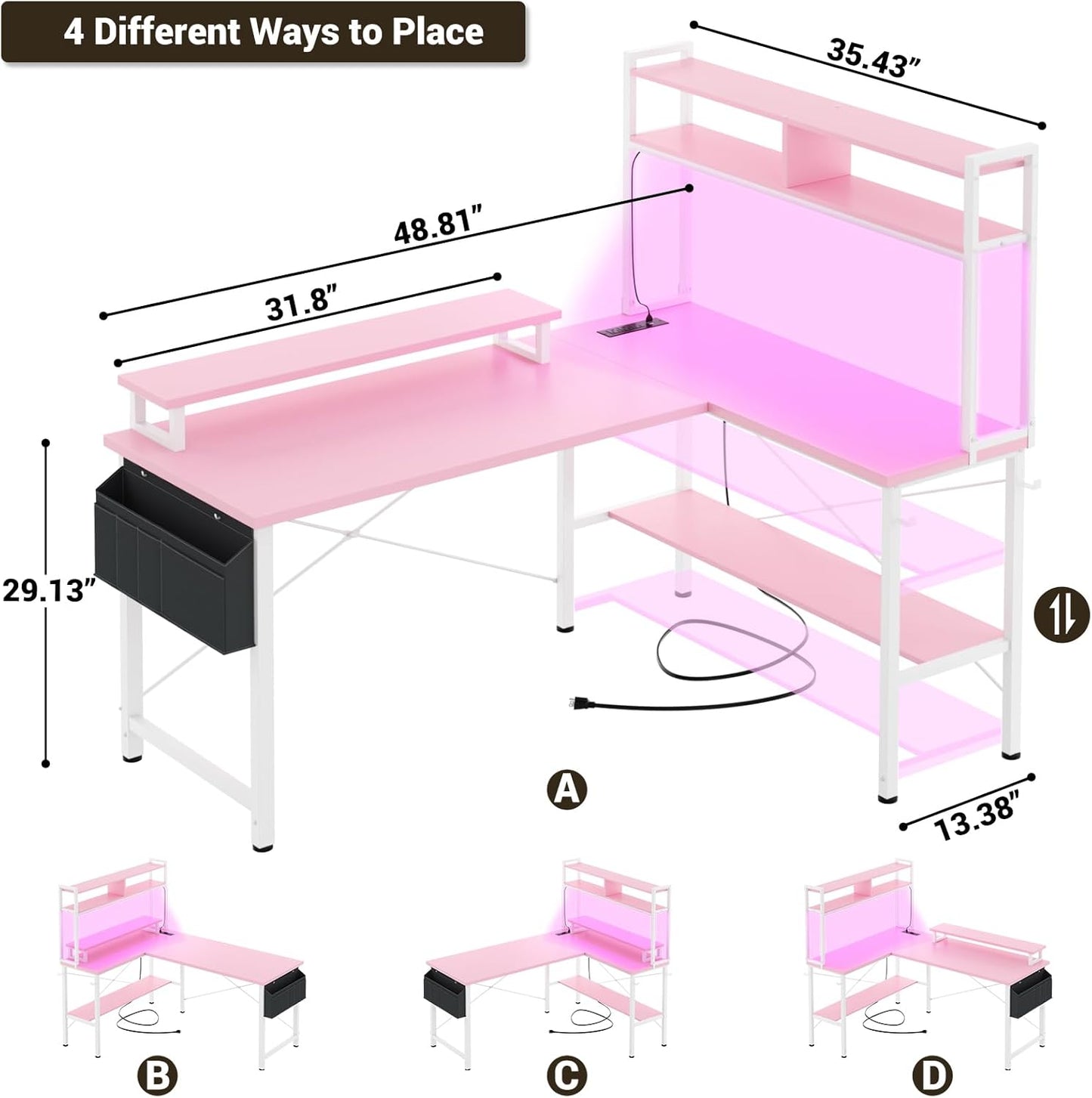 L Shaped Gaming Desk with Power Outlets & LED Lights, Small L- Shaped Desk Computer Corner Desk with Monitor Stand & Storage Shelf, Home Office Desk Writing Desk with Storage Bag, Pink