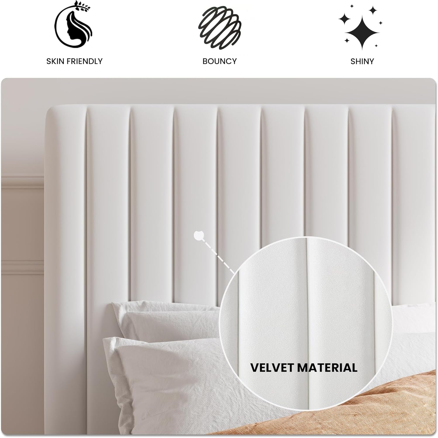 Queen Upholstered Platform Bed Frame with Vertical Channel Tufted Velvet Fabric Adjustable Headboard, Wooden Slats Support, Mattress Foundation, Box Spring Optional, White