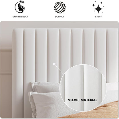 Queen Upholstered Platform Bed Frame with Vertical Channel Tufted Velvet Fabric Adjustable Headboard, Wooden Slats Support, Mattress Foundation, Box Spring Optional, White