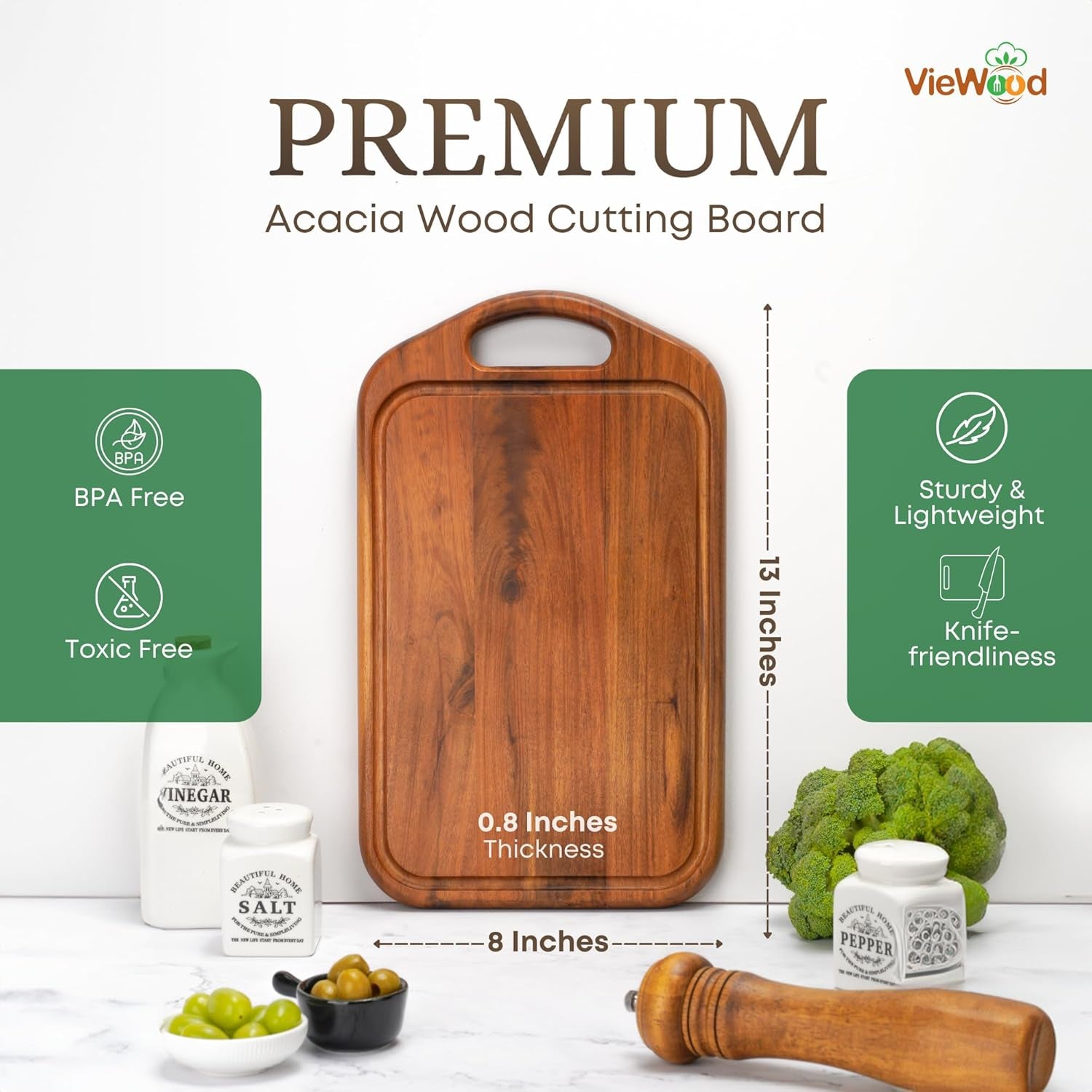Acacia Wood Cutting Board with Juice Groove, Hanging Hole & Grip Handle for Meat, Vegetables and Cheese, Knife Friendly, Caperci Better Wood Chopping Board