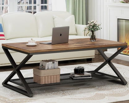 Rustic Coffee Table with Storage, Industrial Wood Metal 2 Tier Center Living Room Table with Mesh Shelf, Farmhouse Wooden Low Rectangle Cocktail Tea Table for Office Bedroom, 47 Inch, Rustic Brown