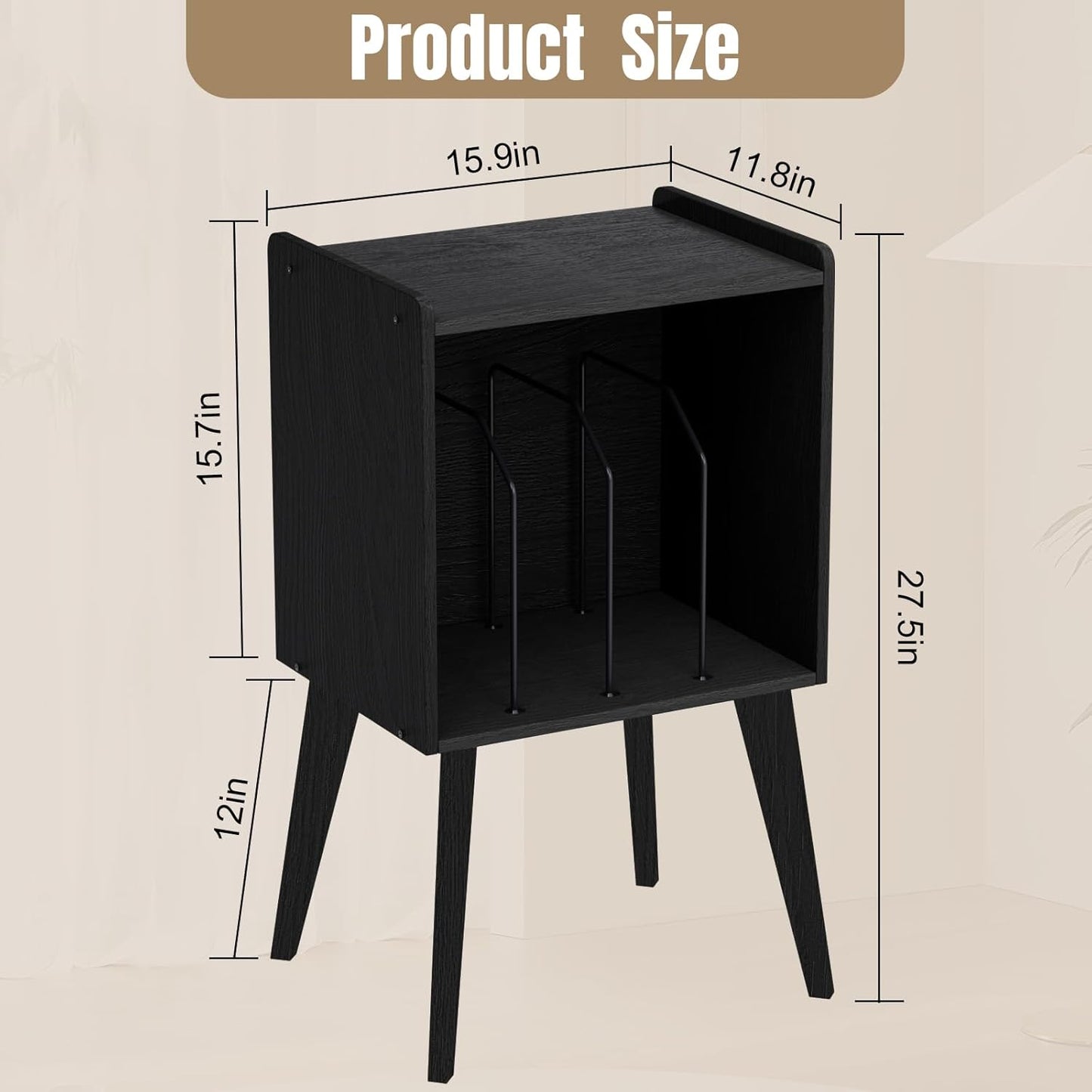 Record Player Stand – Mid-Century Vinyl Record Storage Stand Holds up to 160 Albums, Small Space Record Player Organizer Shelf with Wood Legs, Turntable Stand for Living Room, Bedroom