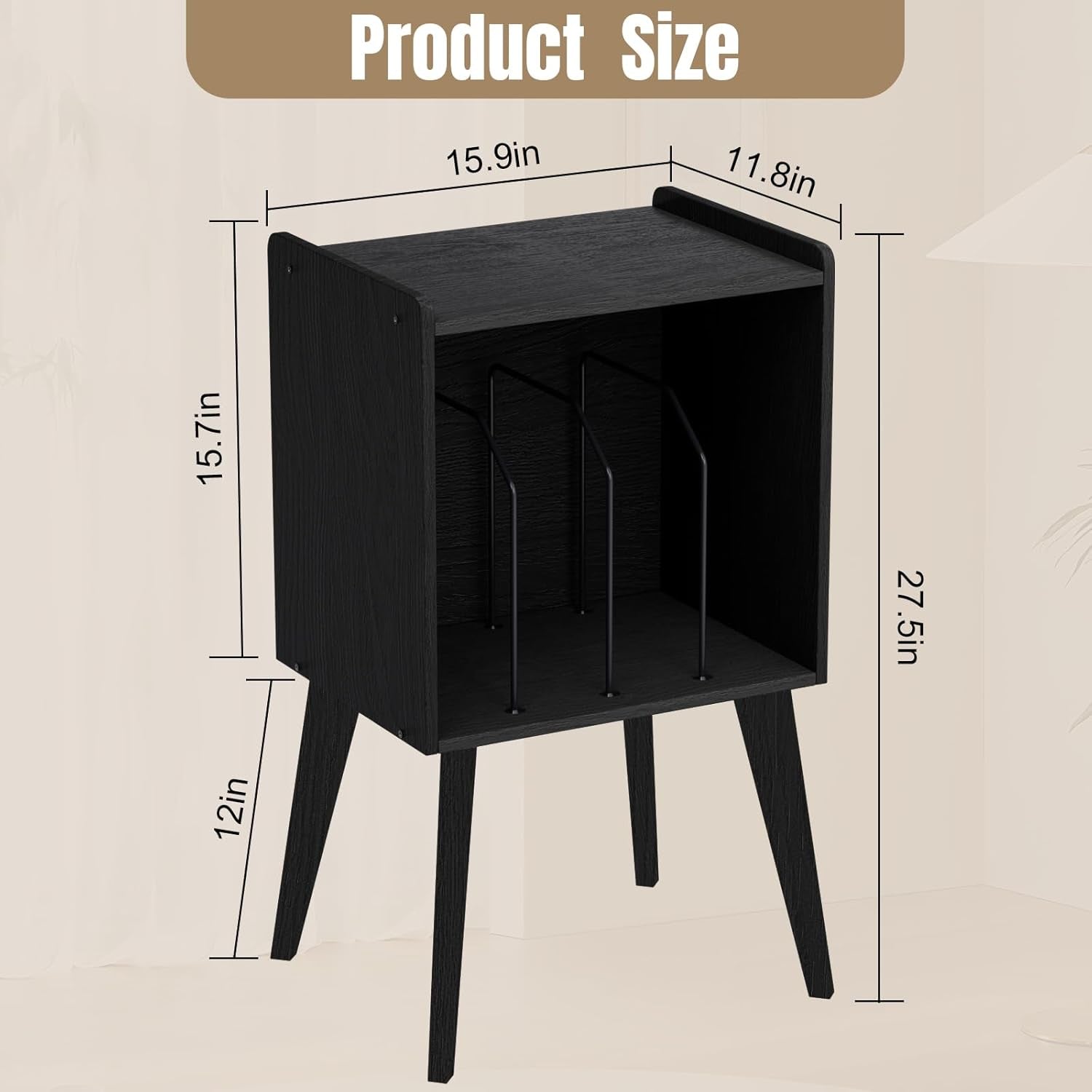Record Player Stand – Mid-Century Vinyl Record Storage Stand Holds up to 160 Albums, Small Space Record Player Organizer Shelf with Wood Legs, Turntable Stand for Living Room, Bedroom