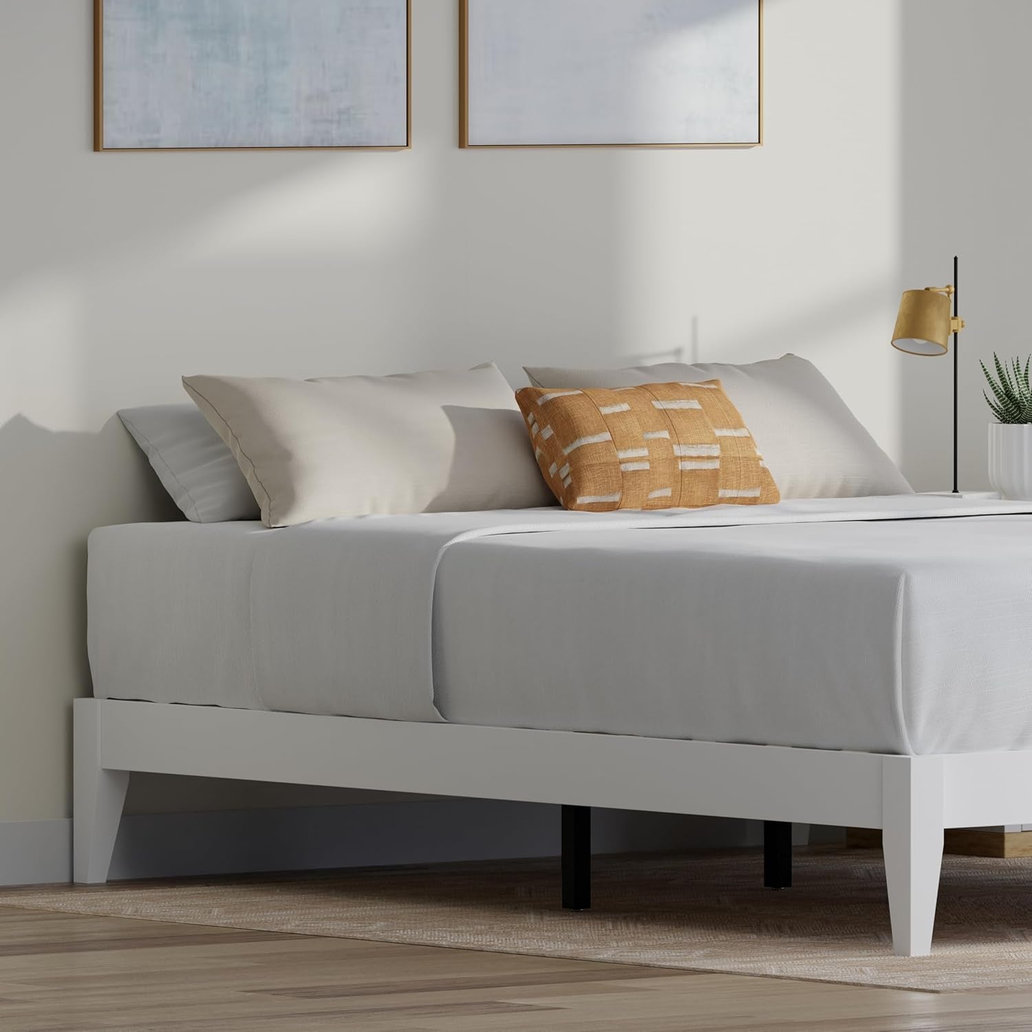 Serene Farmhouse Style Wood Bed Frame in Queen Size (No Headboard) - Coastal Modern Design, Sturdy, Easy Assembly, Ample Underbed Storage, White Finish