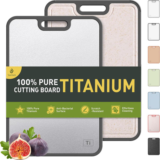 2 in 1 Pure Titanium Cutting Boards for Kitchen Non Toxic Chopping Board with Handle Large Big Small Kitchen Meat Butcher Block Not Stainless Steel Wood Bamboo Plastic Silicone Acrylic Teak Sink