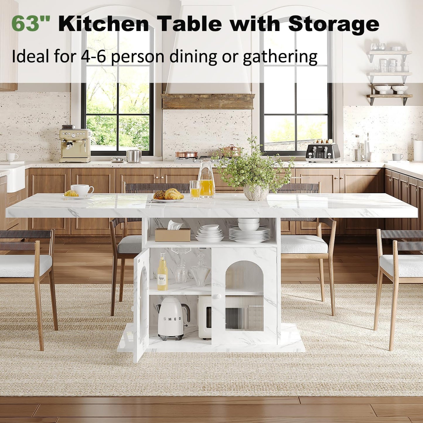 Dining Table for 4–6, 63" Modern Kitchen Dining Room Table with Storage Shelves & Acrylic Door Cabinet,Wood Rectangle Dinner Table with Faux Marble Top for Home Apartment, White Faux Marble