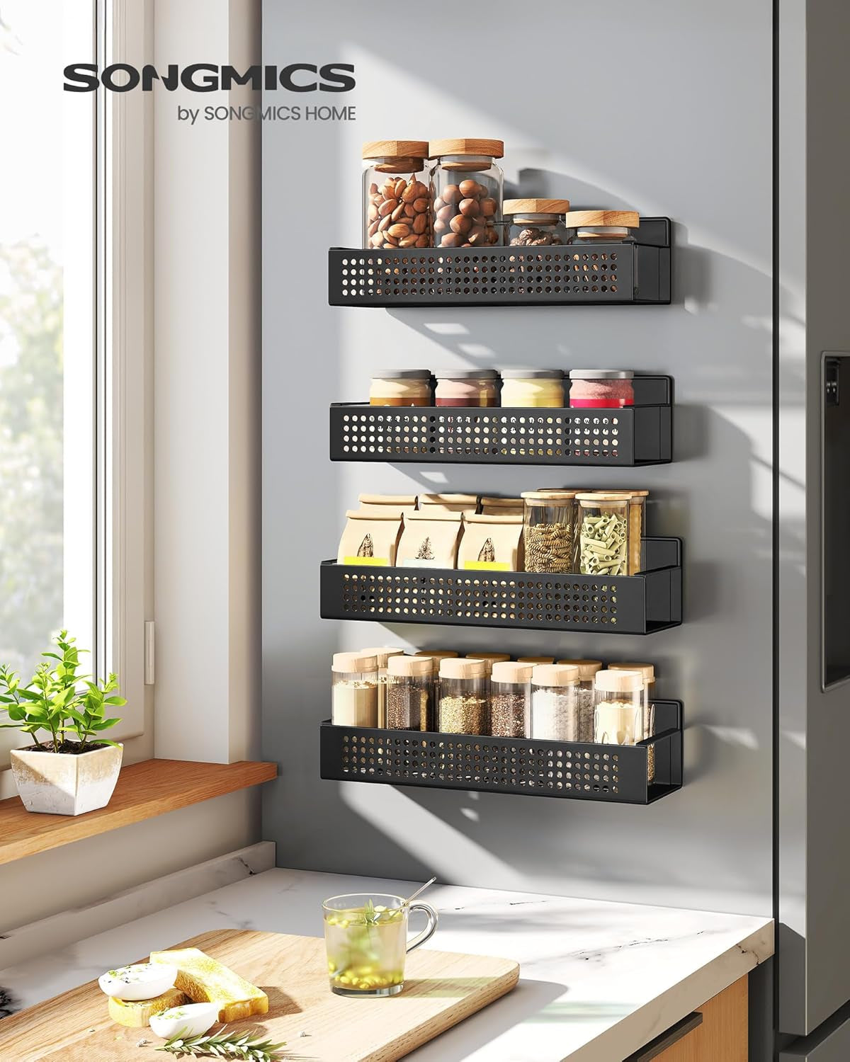 Magnetic Spice Rack for Refrigerator, Set of 4, 2 Large and 2 Small Kichen Magnetic Shelves for Microwave, Washing Machine, Spice Organizers, No Drilling Needed, Ink Black UKCS061B01