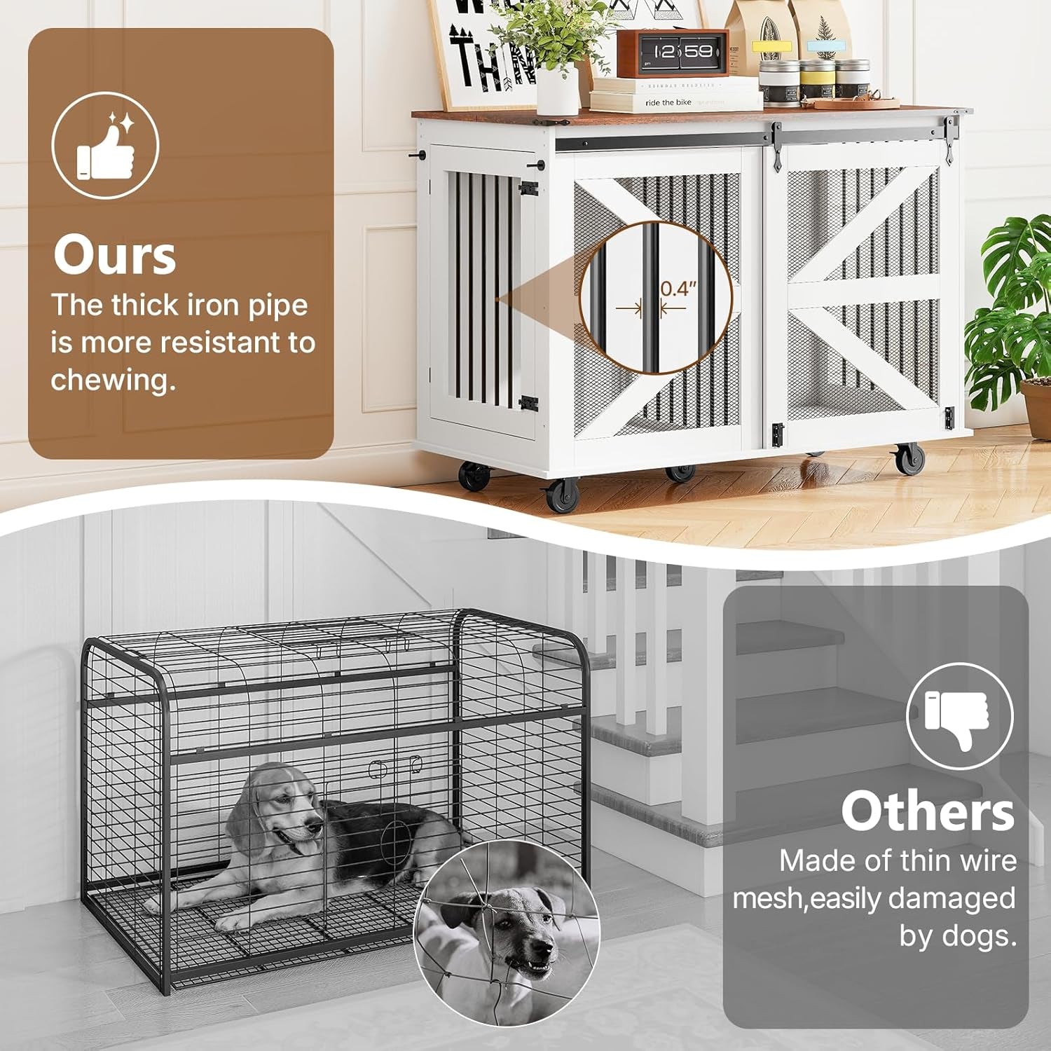 48 Inch XL Dog Crate, Wood XXL Dog Crate Furniture with Wheels, Flip-Top Feeding Door, Removable Divider, Farmhouse End Table Dog Crate with Sliding Barn Door, White