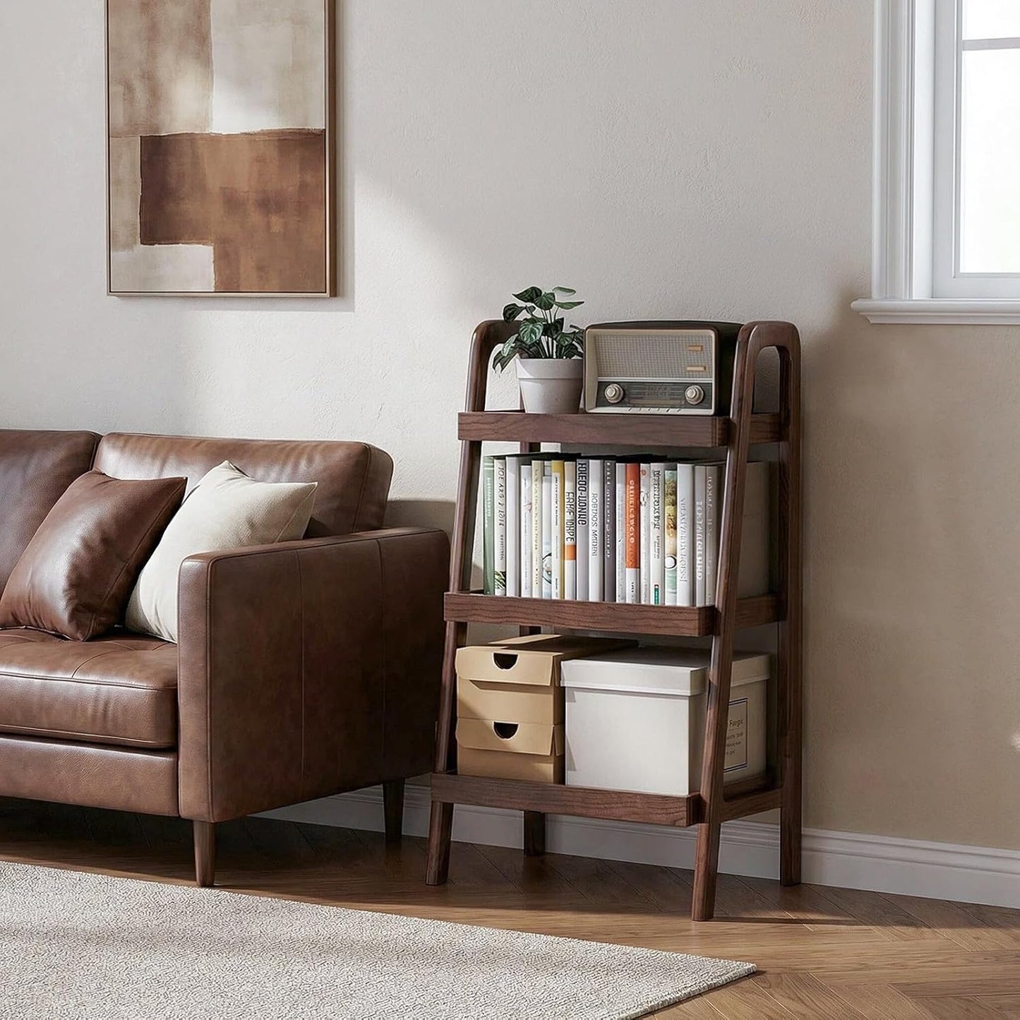 100% Solid Wood 3-Tiers Ladder Shelf, Small Bookcase, Ladder Bookshelf, End/Side Table for Living Room, Display Storage Open Shelf for Bedroom Kitchen Bathroom (Walnut Color)