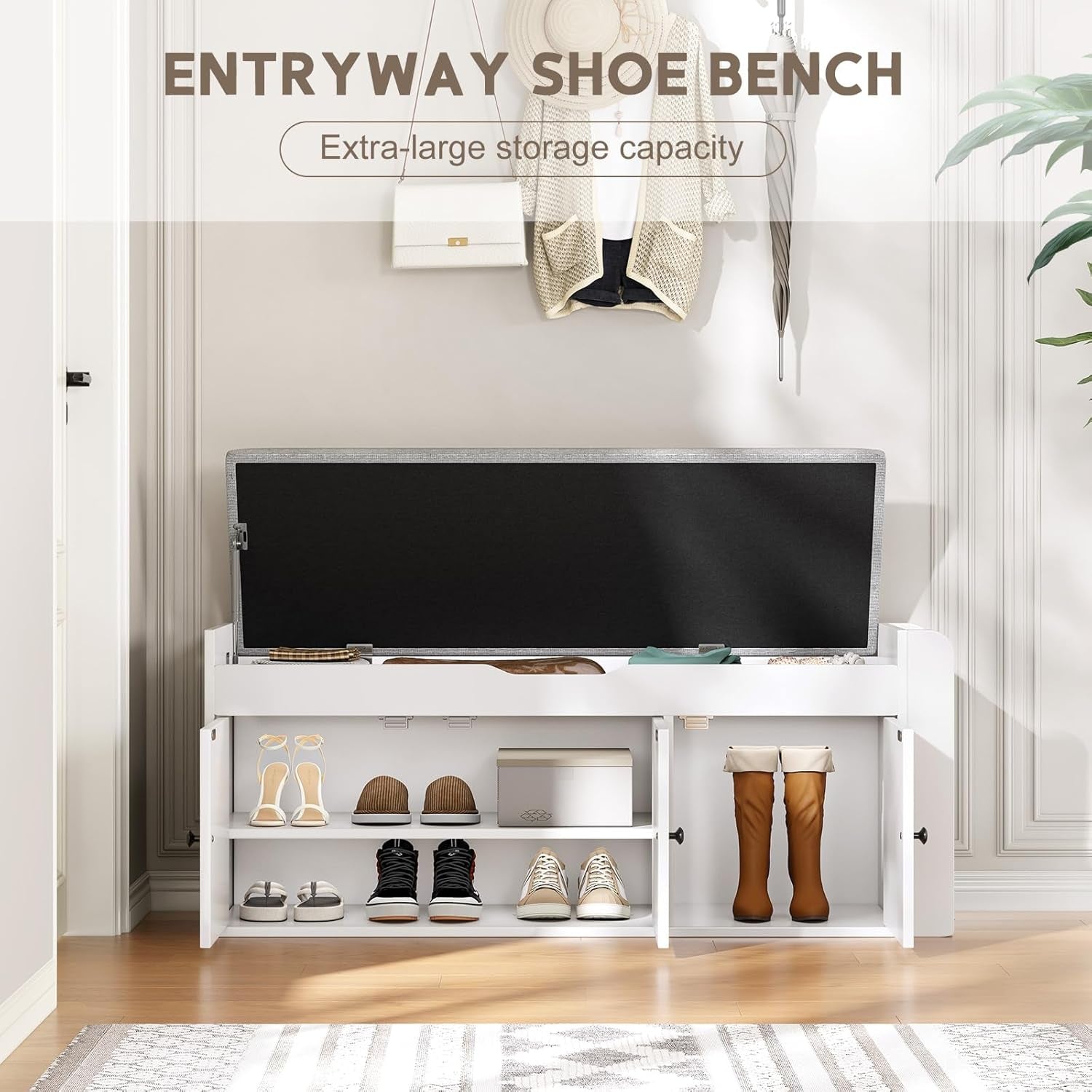42.6" Storage Bench - Entryway Shoe Bench with Side Storage Shelves and 3 Doors, Multifunctional Entryway Bench with Lift Top Cushion, Shoe Storage Bench for Bedroom, Living Room, White