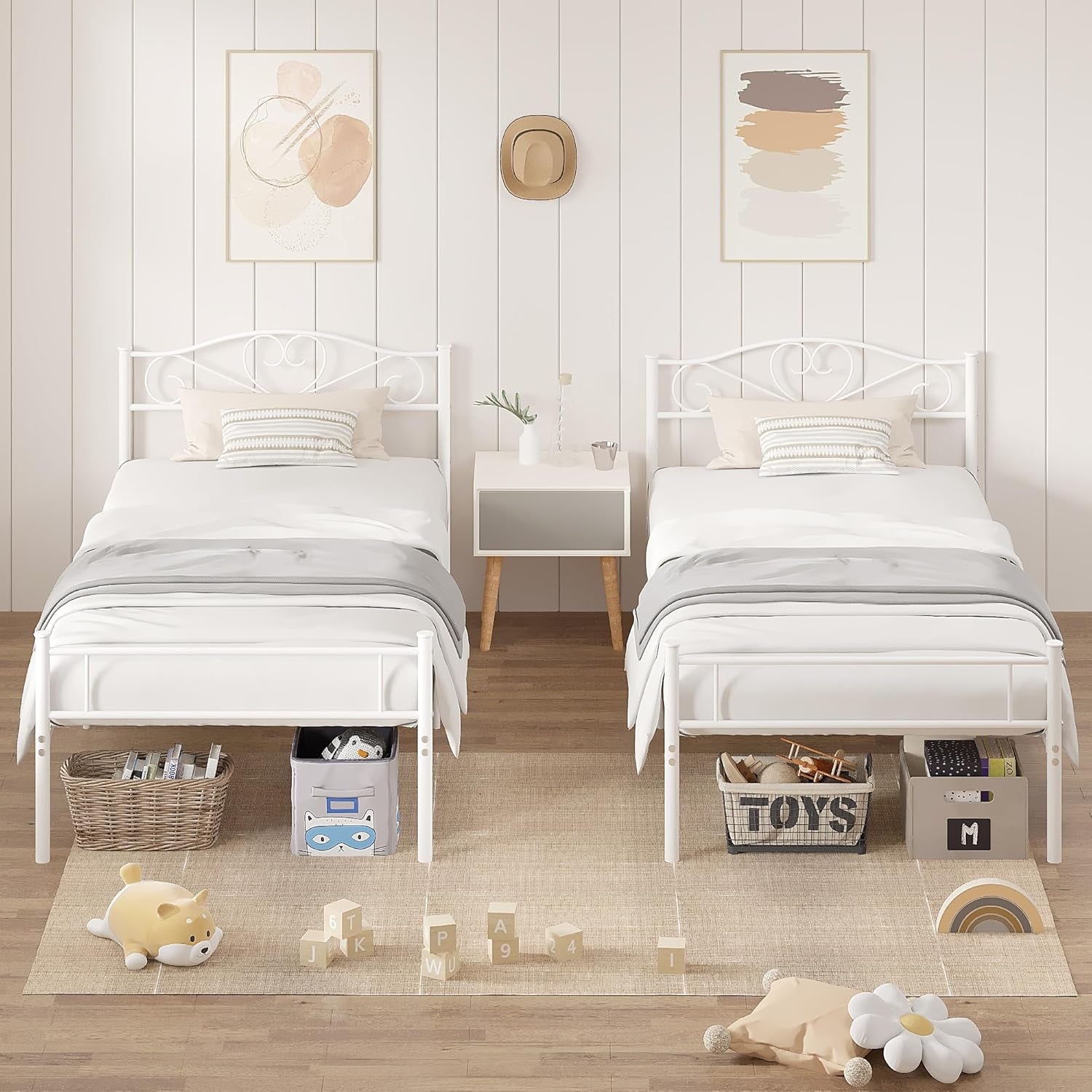 14 Inch Twin Size Metal Platform Bed Frame with Headboard and Footboard, Heavy Duty Mattress Foundation with Steel Slats Support, No Box Spring Needed, White