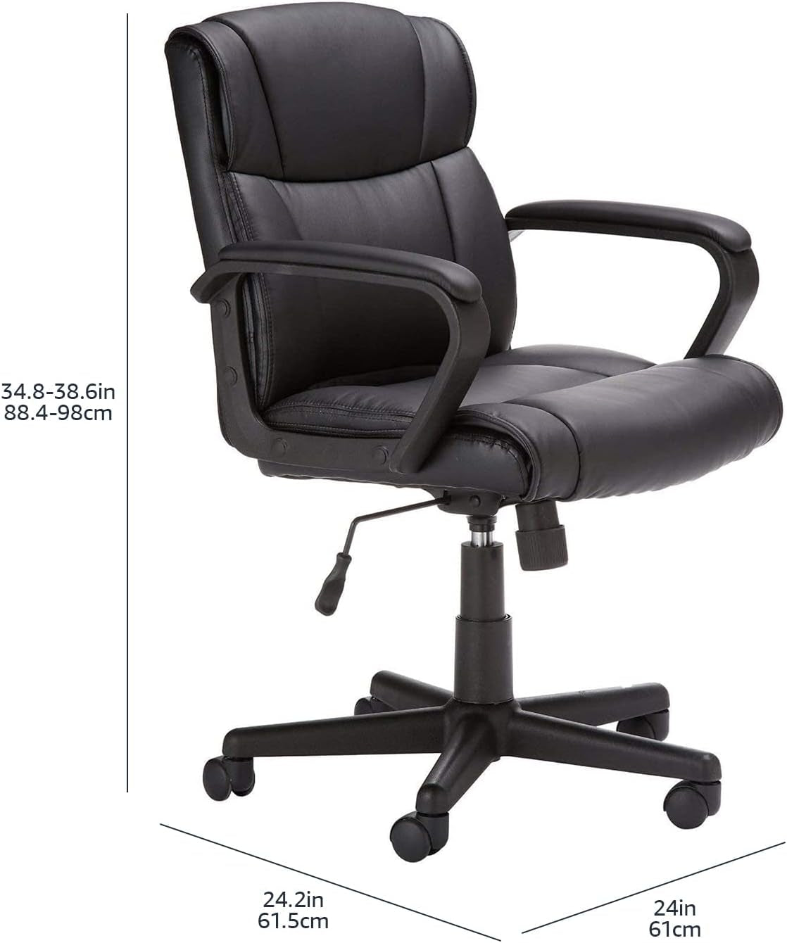 Office Computer Task Desk Chair with Padded Armrests, Mid-Back, Adjustable, 360 Swivel, Rolling, 275 Pound Capacity, 24.2"D X 24"W X 34.8"H, Black Faux Leather