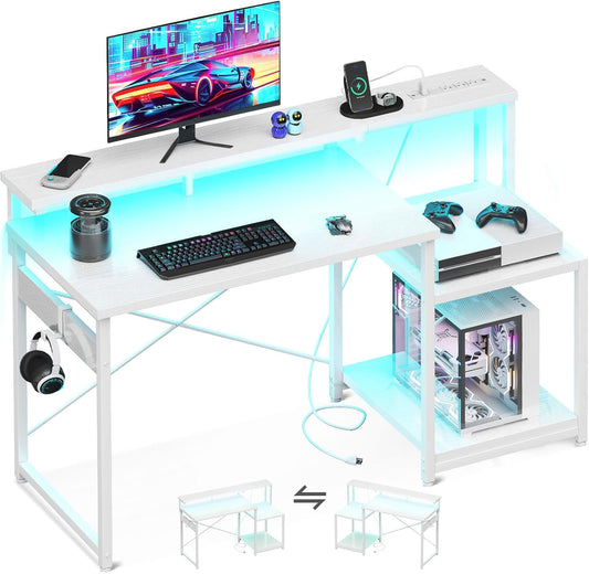 Computer Desk, 48 Inch Gaming Desk with Led Lights & Power Outlet, Office Desk with Storage Shelves, Reversible Desk with Monitor Shelf & Headphone Hook, White