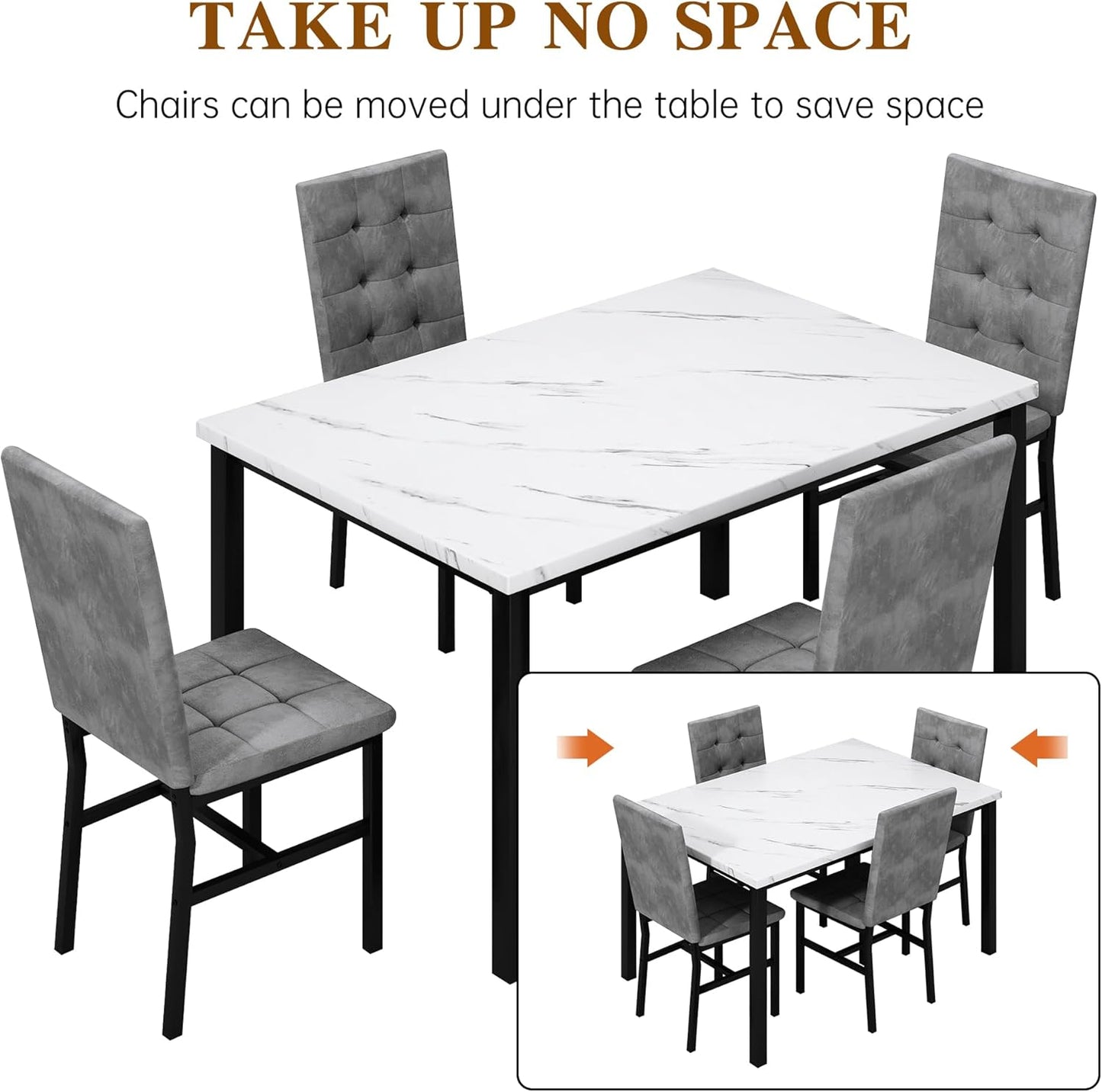 Dining Table Set for 4,Faux Marble Kitchen Table and Chairs Set of 4, Modern Dining Room Set for 4,Dinner Table Set with Velvet Chairs, Dining Set for Small Spaces,White & Grey