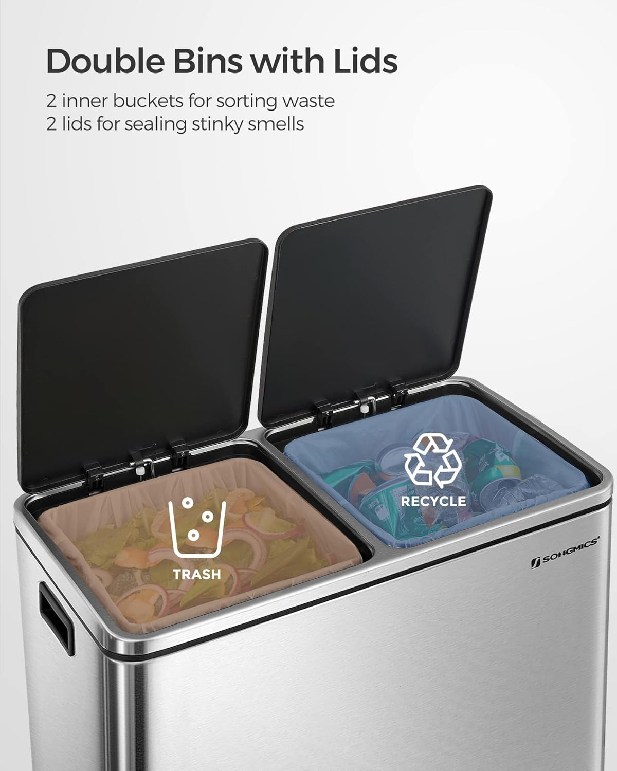 Trash Can, 2 X 8 Gallon (2 X 30 L) Garbage Can for Kitchen, with 15 Trash Bags, 2 Compartments, Plastic Inner Buckets and Hinged Lids, Airtight, Silver and Black ULTB60NL