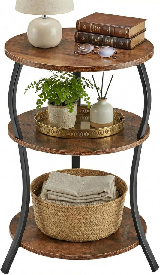 Round Side Table, 3-Tier End Table with Storage Shelf for Narrow and Small Spaces, round Sofa Table Vintage Corner Tables for Living Room,Bedroom Nightstand/Rustic Brown