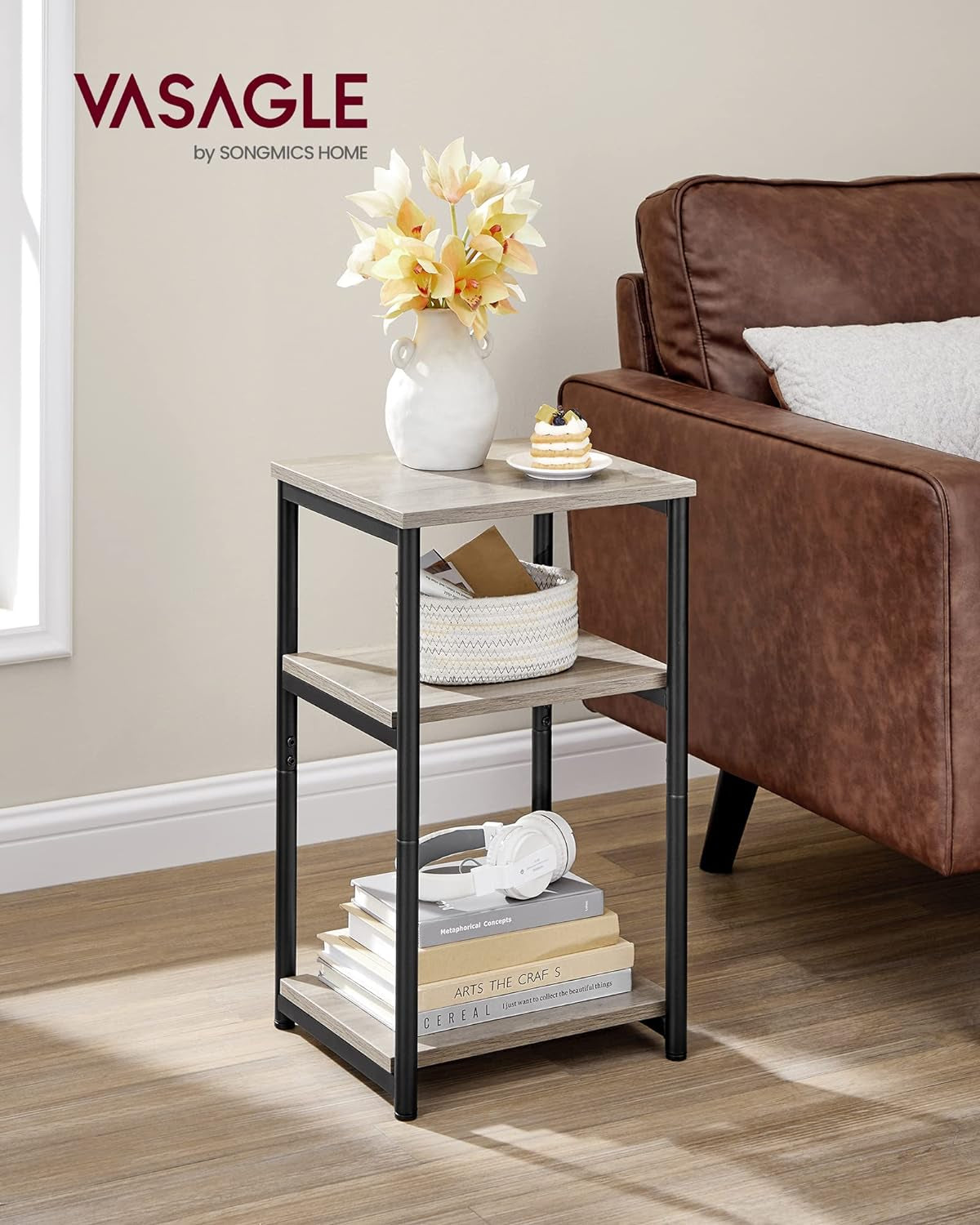 Side Table, Small End Table, Tall Nightstand for Living Room, Bedroom, Office, Bathroom, Greige and Classic Black ULET273B02