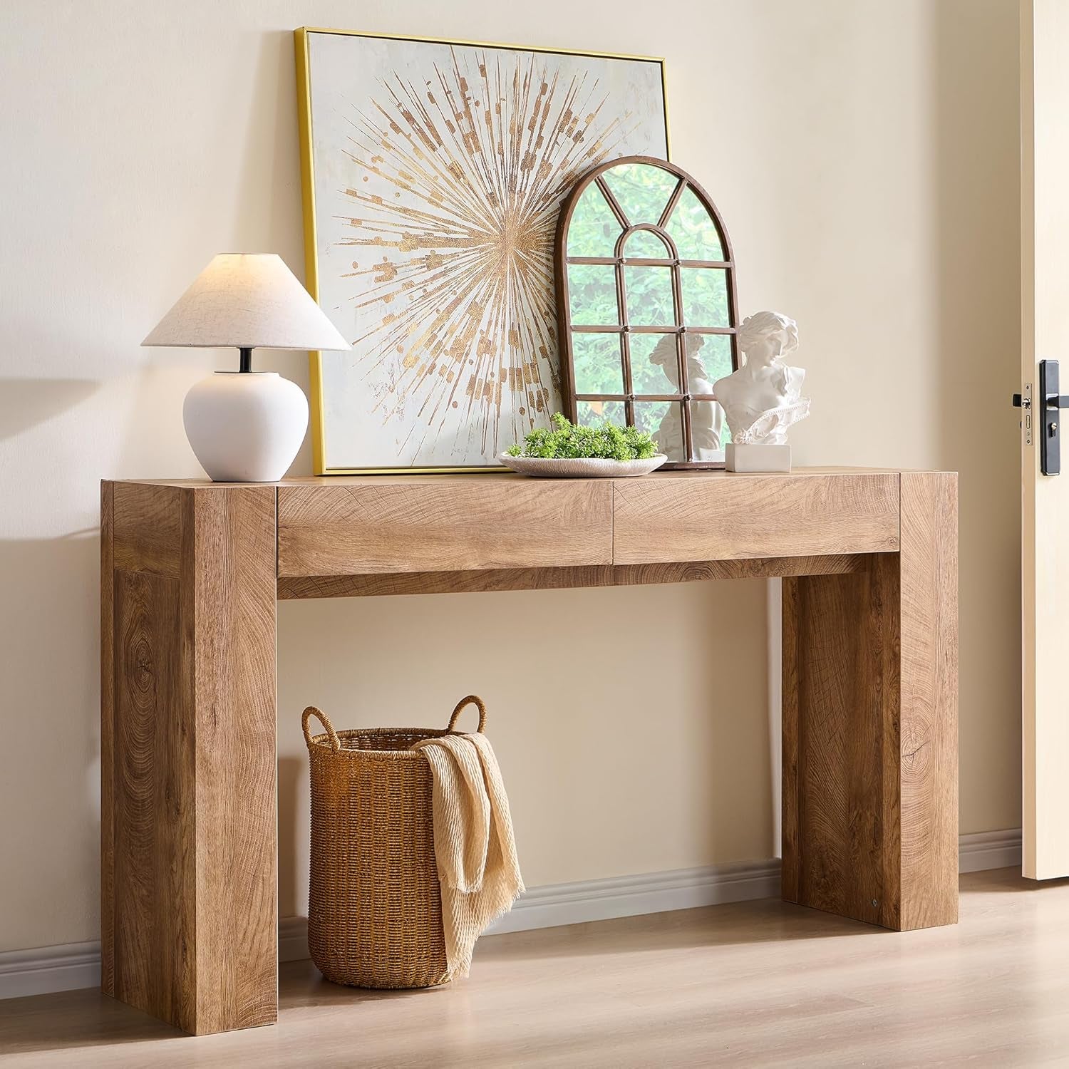 Modern Entryway Console Table, Sofa Table with Drawers, 63" Long Hall Table behind Couch, Thick Wood Design for Living Room, Hallway - Light Knotty Oak