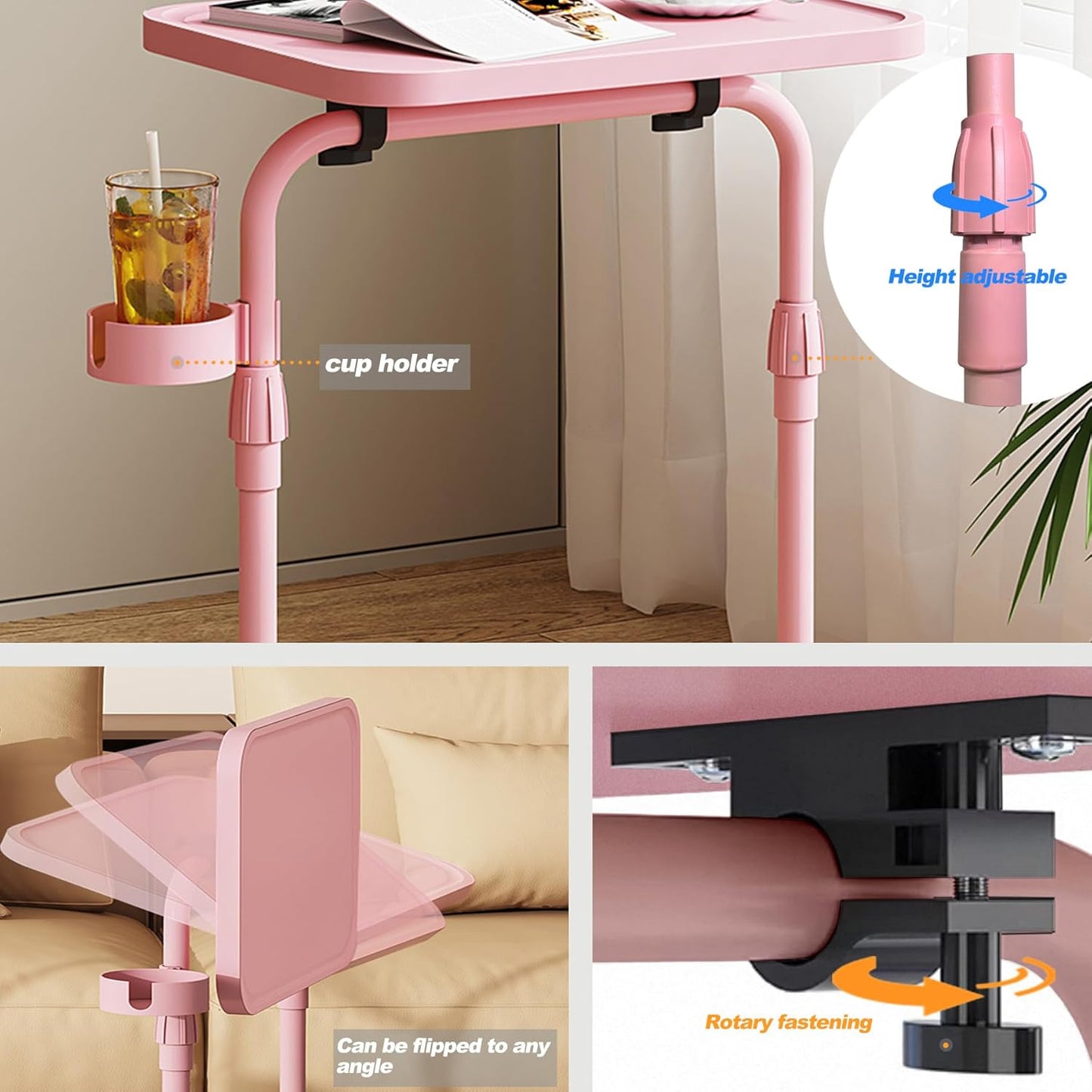 C Shaped End Table with Tiltable Surface, Adjustable Height Side Table, Slide under Couch Table TV Tray for Eating, Sofa Tray for Livingroom, Bedroom Pink TB01BP091