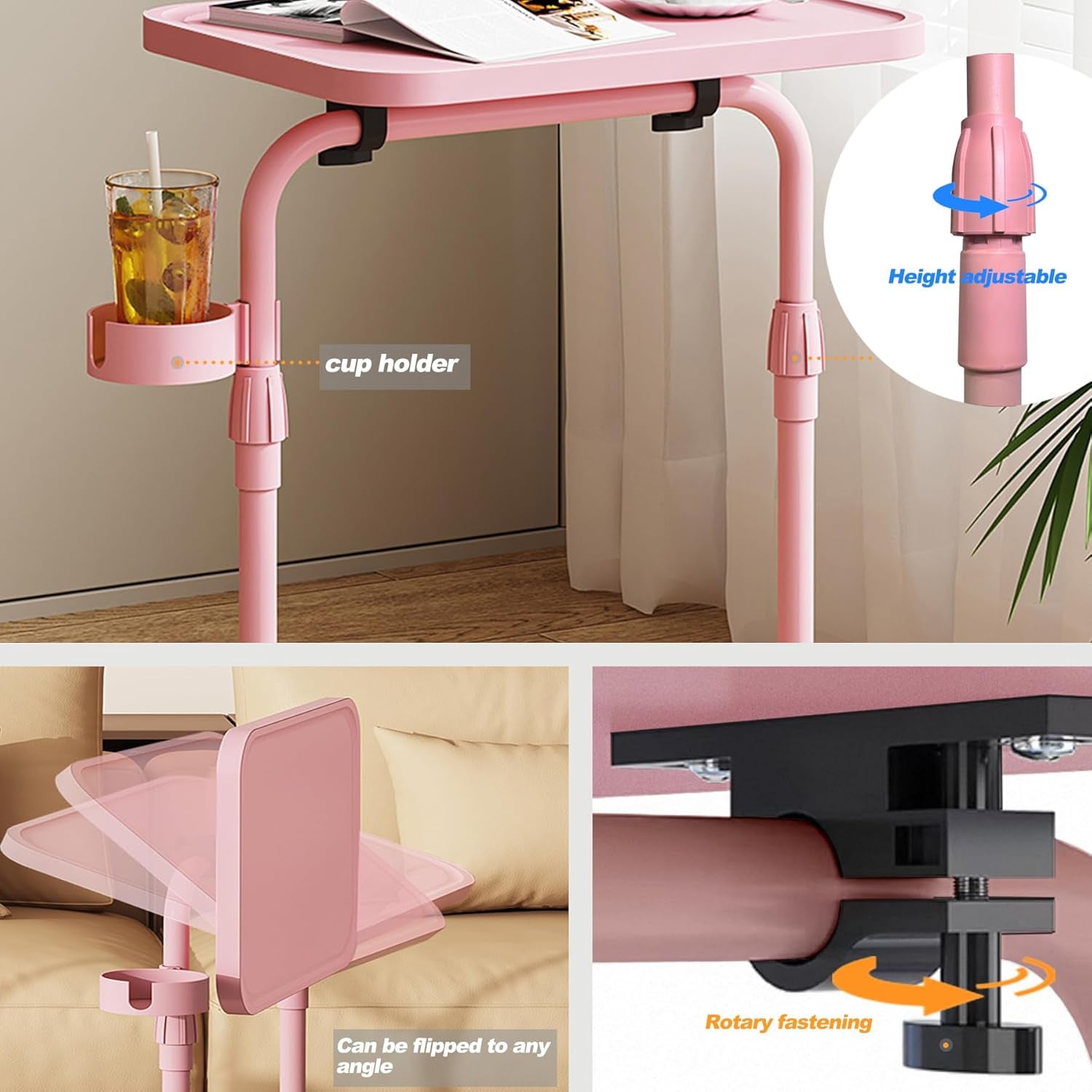 C Shaped End Table with Tiltable Surface, Adjustable Height Side Table, Slide under Couch Table TV Tray for Eating, Sofa Tray for Livingroom, Bedroom Pink TB01BP091