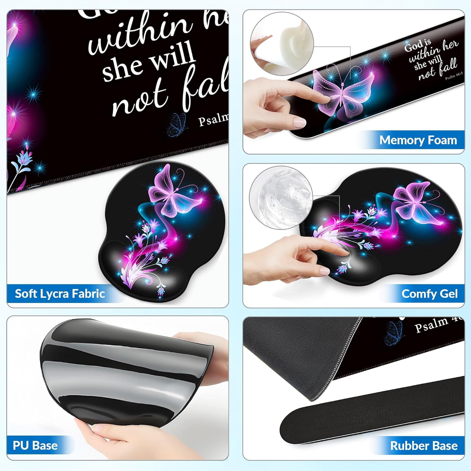 Desk Mat Set + Keyboard and Mouse Pad with Wrist Rest Support,4-In-1 Large Mousepad Computer Mats for Desktop Home & Office-Purple Butterflies