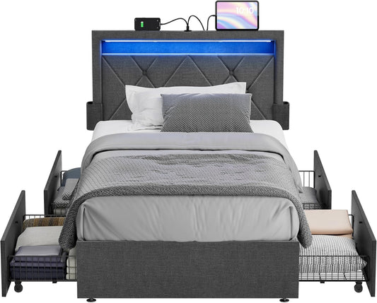 LED Bed Frame Twin Size, Twin Bed with Headboard and 4 Drawers, 1 USB Port and 1 Type C Port, Adjustable Upholstered Headboard 37.1/39.6 Inches, No Box Spring Needed, Dark Gray URMB823G71