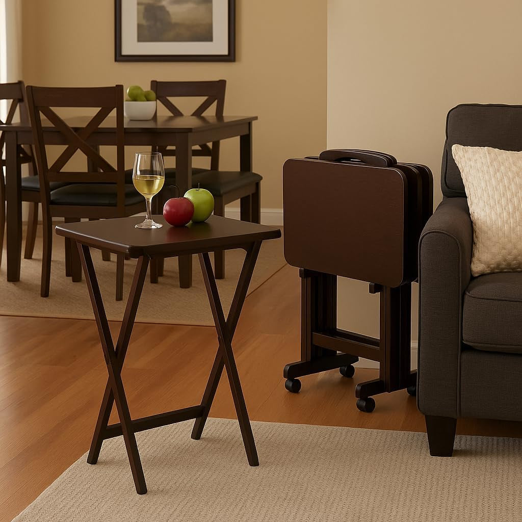 Folding TV Tray Set of 5 - Durable Small Folding Tables, X-Frame Design, Convenient Snack Tray Tables, Easy Assembly, Ideal for Living Room & Dining (Espresso)