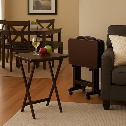 Folding TV Tray Set of 5 - Durable Small Folding Tables, X-Frame Design, Convenient Snack Tray Tables, Easy Assembly, Ideal for Living Room & Dining (Espresso)