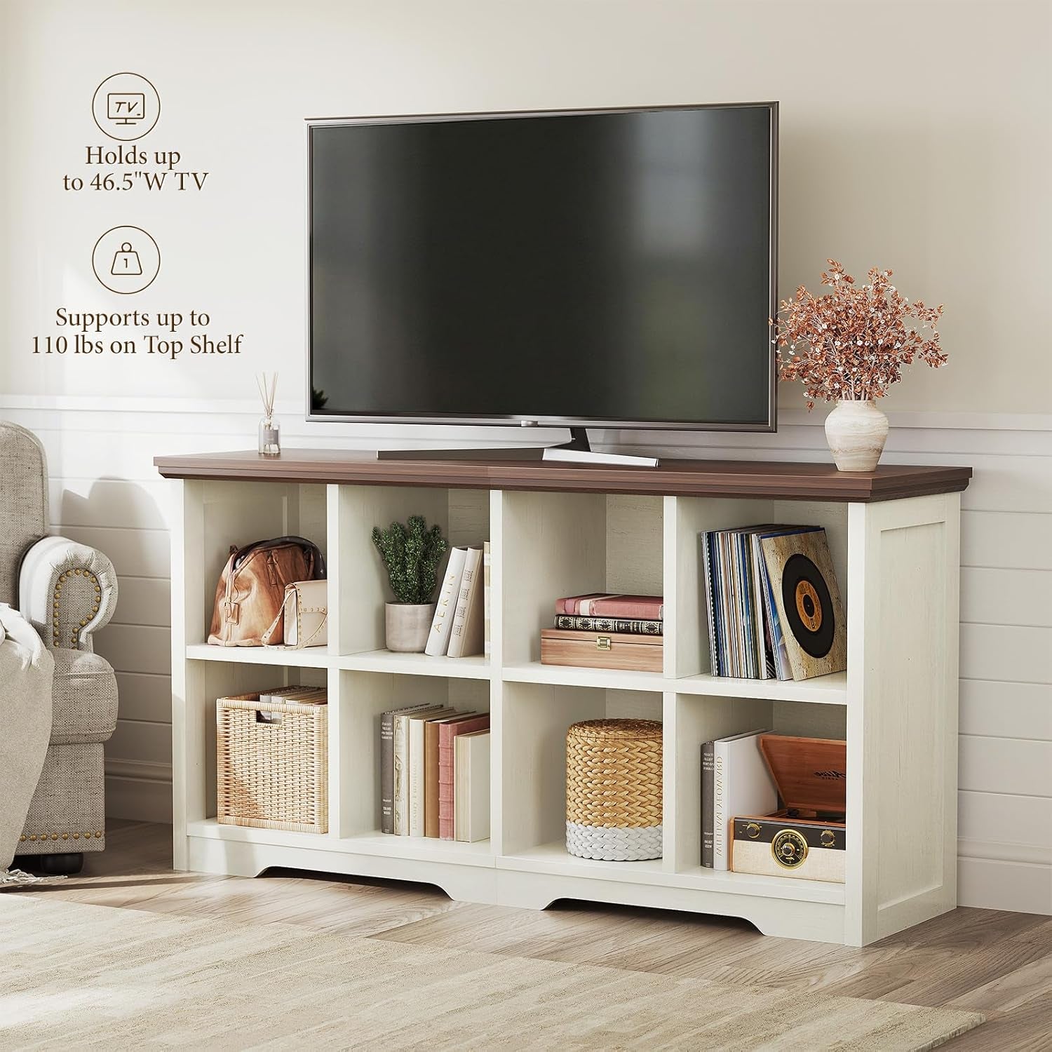 8 Cube Organizer Bookcase, Modern Farmhouse Open Shelf for Storage Bins & Decor, Display Bookshelf Console Closet for Living Room, Bedroom, Home Office, Walnut+White